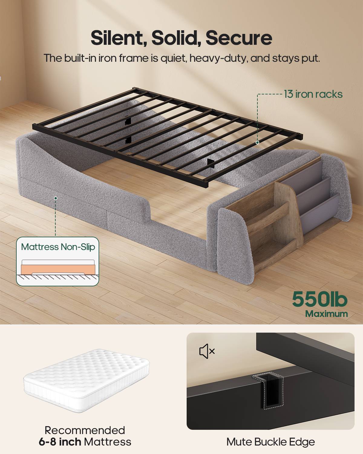 HAUOMS Twin Floor Bed with Bookshelf Low Montessori 2-in-1 Beds Upholstered Frame No Box Spring Needed for Girls and Boys