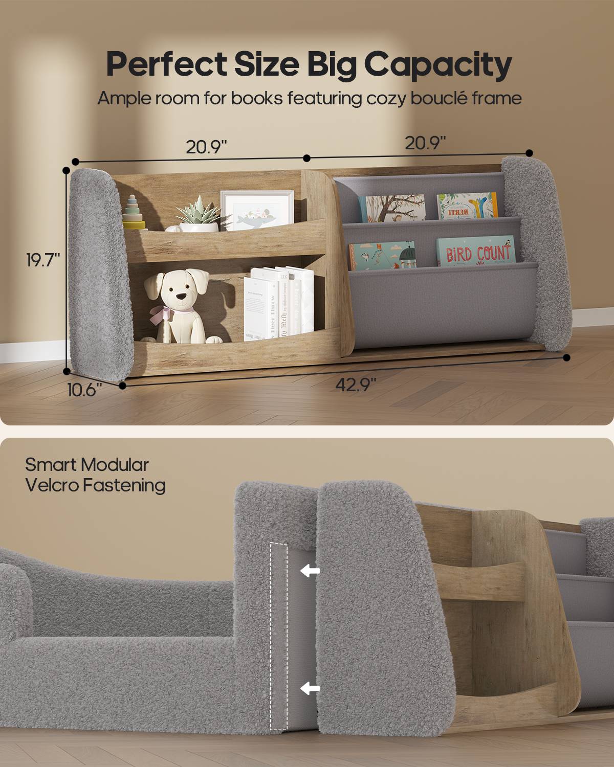 HAUOMS Twin Floor Bed with Bookshelf Low Montessori 2-in-1 Beds Upholstered Frame No Box Spring Needed for Girls and Boys