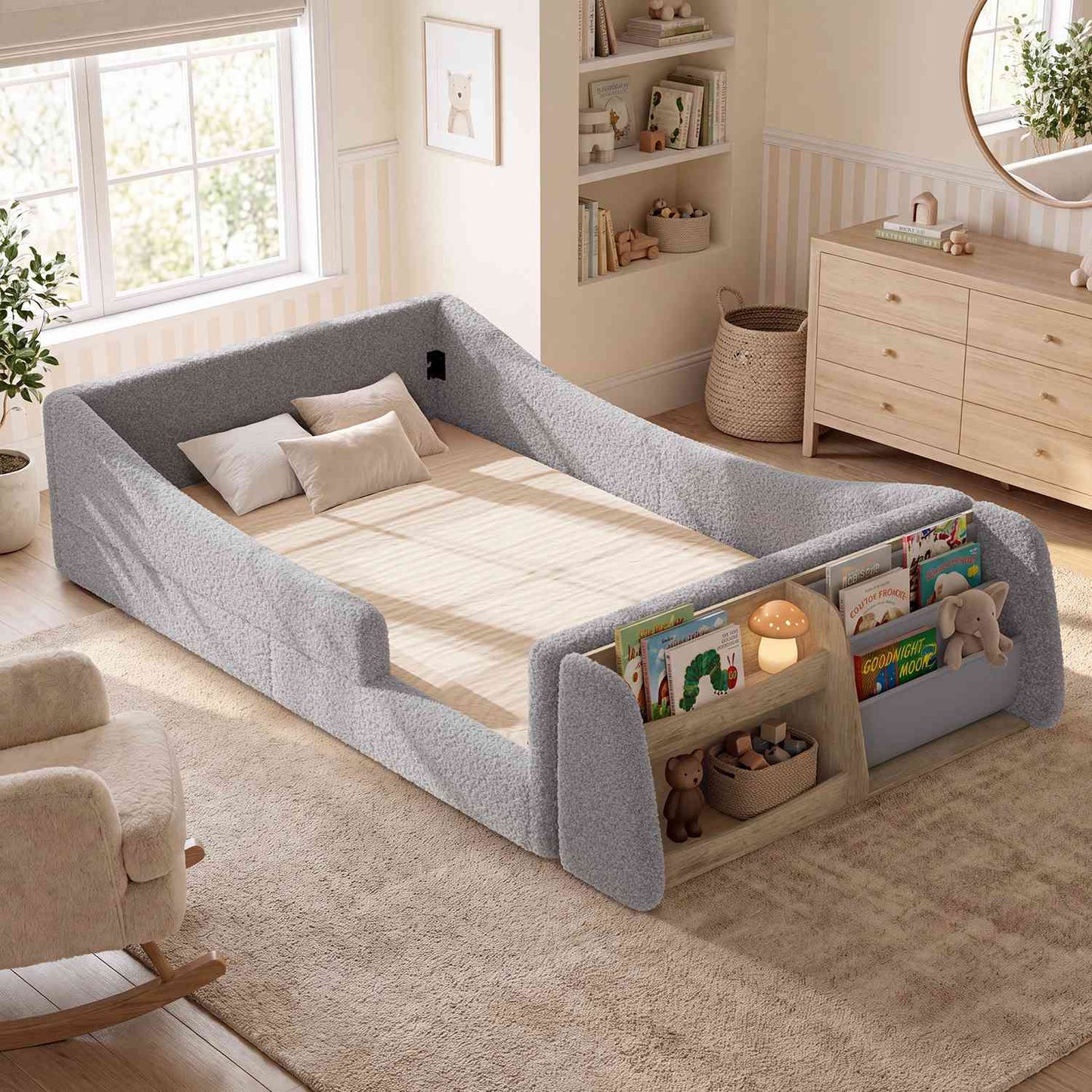 HAUOMS Twin Floor Bed with Bookshelf Low Montessori 2-in-1 Beds Upholstered Frame No Box Spring Needed for Girls and Boys