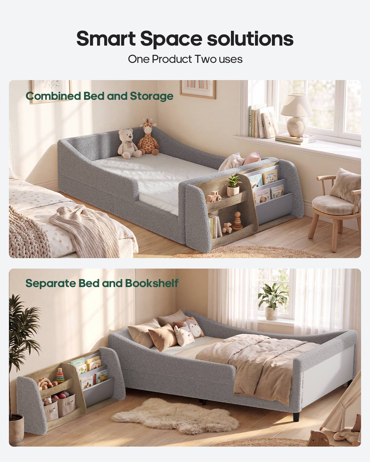 HAUOMS Twin Floor Bed with Bookshelf Low Montessori 2-in-1 Beds Upholstered Frame No Box Spring Needed for Girls and Boys