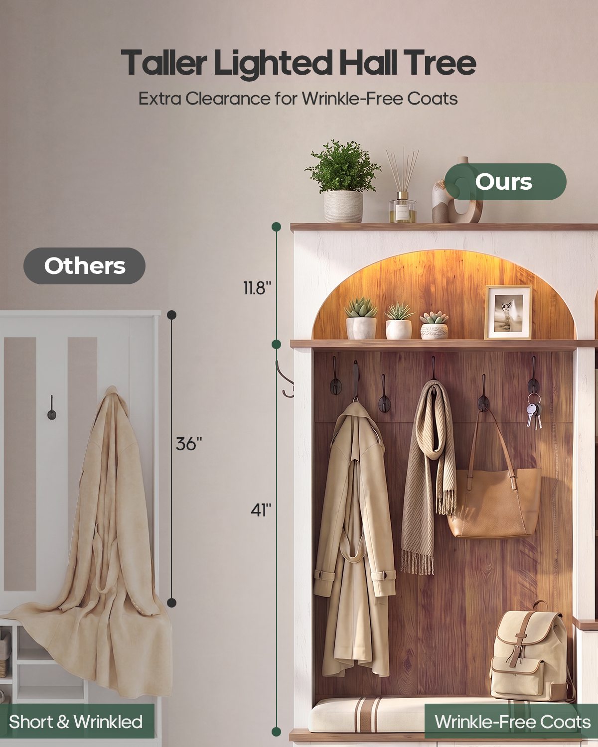 HAUOMS 43.3 inch Hall Tree with Bench and Shoe Storage Arched Farmhouse Organizer with LED Light Adjustable Shelves 7 Coat Hooks Drawers and Open Storage for Mudroom Entryway