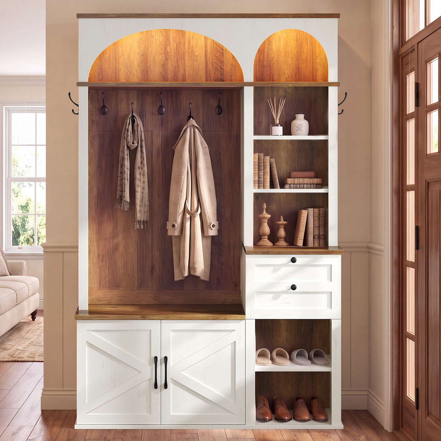 HAUOMS 43.3 inch Hall Tree with Bench and Shoe Storage Arched Farmhouse Organizer with LED Light Adjustable Shelves 7 Coat Hooks Drawers and Open Storage for Mudroom Entryway