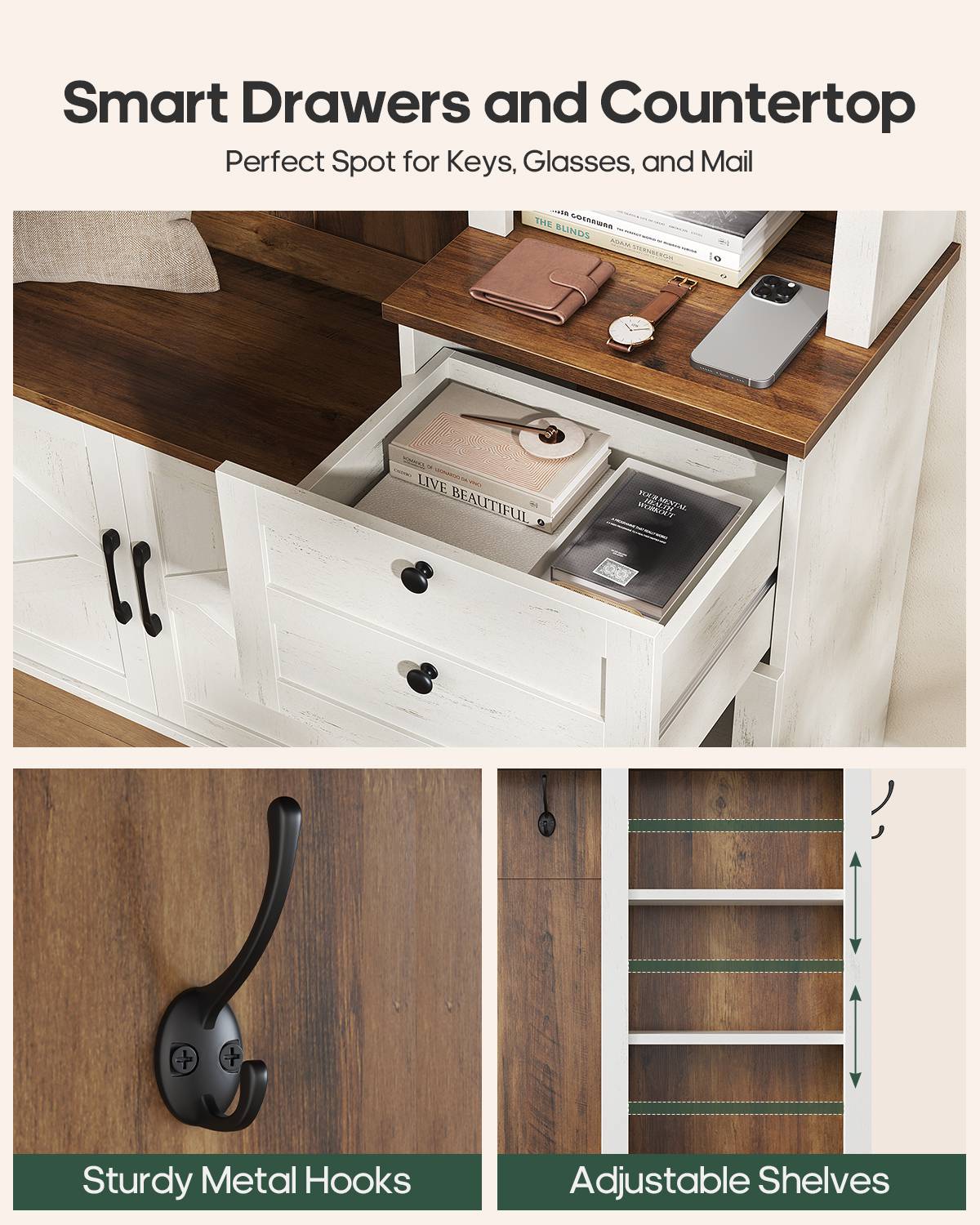 HAUOMS 43.3 inch Hall Tree with Bench and Shoe Storage Arched Farmhouse Organizer with LED Light Adjustable Shelves 7 Coat Hooks Drawers and Open Storage for Mudroom Entryway