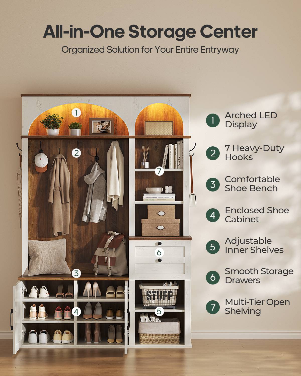 HAUOMS 43.3 inch Hall Tree with Bench and Shoe Storage Arched Farmhouse Organizer with LED Light Adjustable Shelves 7 Coat Hooks Drawers and Open Storage for Mudroom Entryway