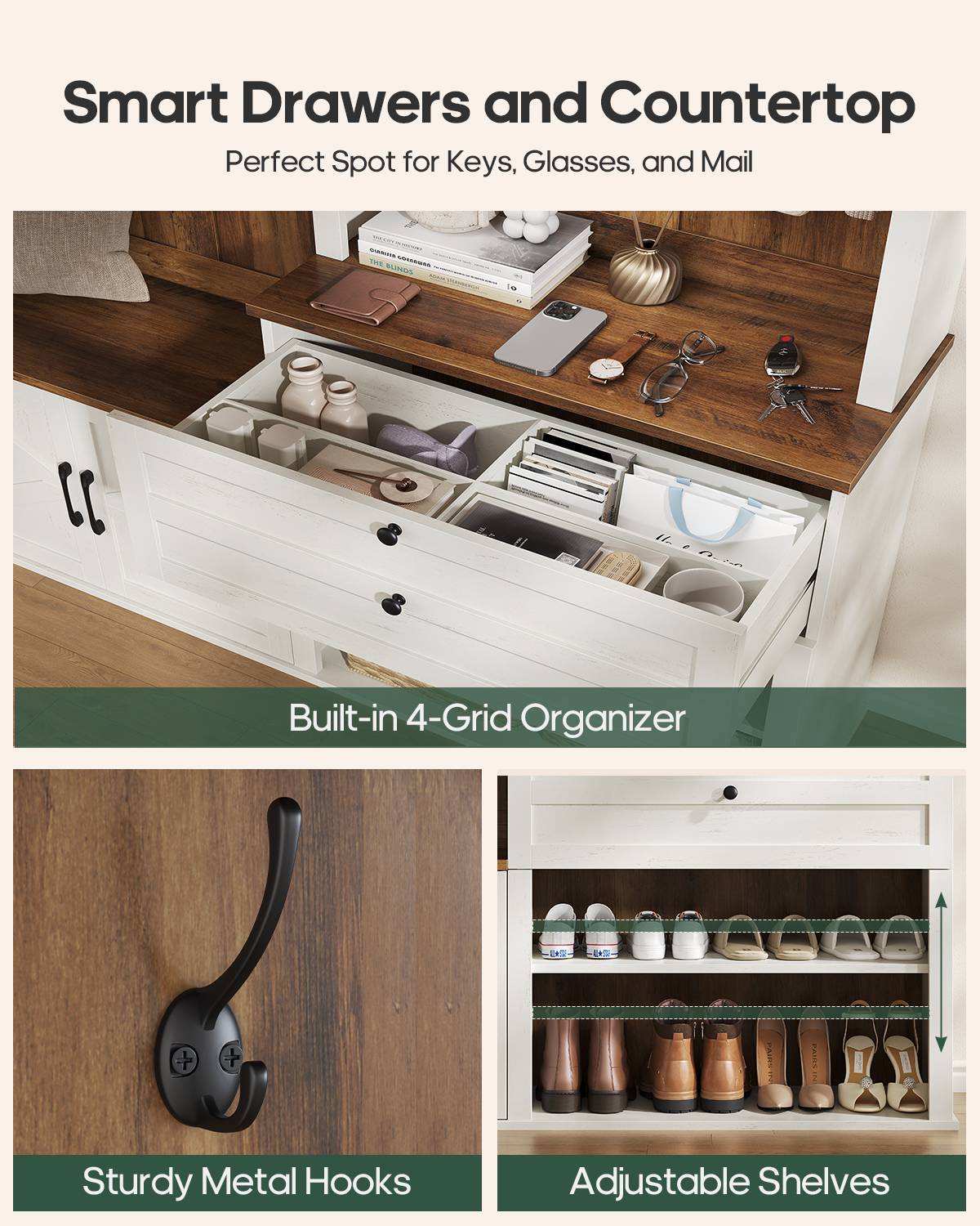 HAUOMS 59.1 inch Hall Tree with Bench and Shoe Storage Arched Farmhouse Organizer with LED Light Adjustable Shelves 7 Coat Hooks Drawers and Open Storage for Mudroom Entryway 