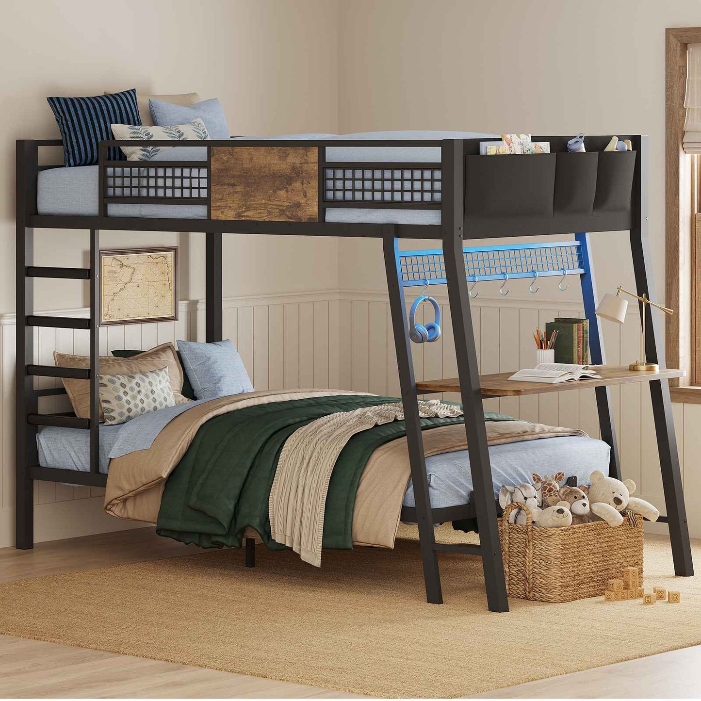 HAUOMS Twin Bunk Beds with Desk RGB LED Lights Power Outlets Underneath Storage Metal Beds with Guardrail and Ladders