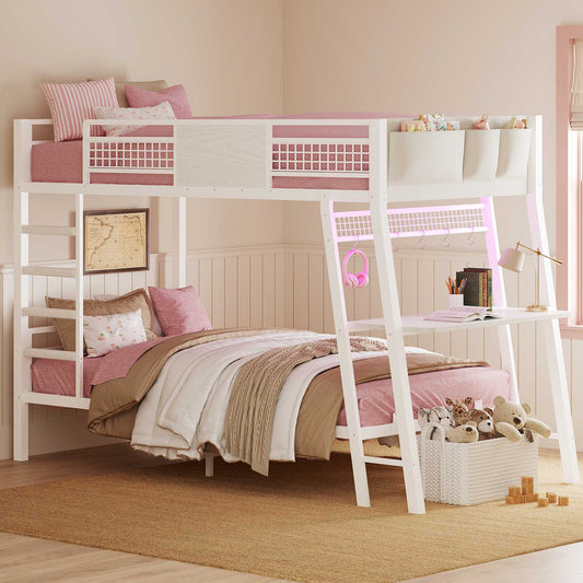 HAUOMS Twin Bunk Beds with Desk RGB LED Lights Power Outlets Underneath Storage Metal Beds with Guardrail and Ladders