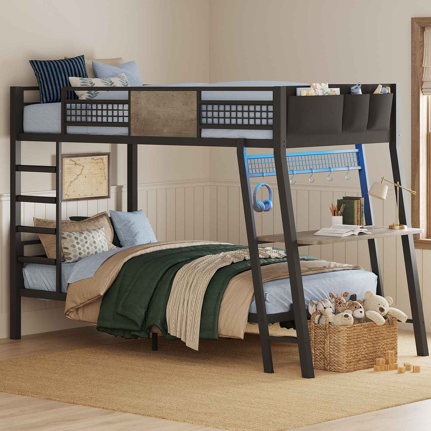 HAUOMS Twin Bunk Beds with Desk RGB LED Lights Power Outlets Underneath Storage Metal Beds with Guardrail and Ladders