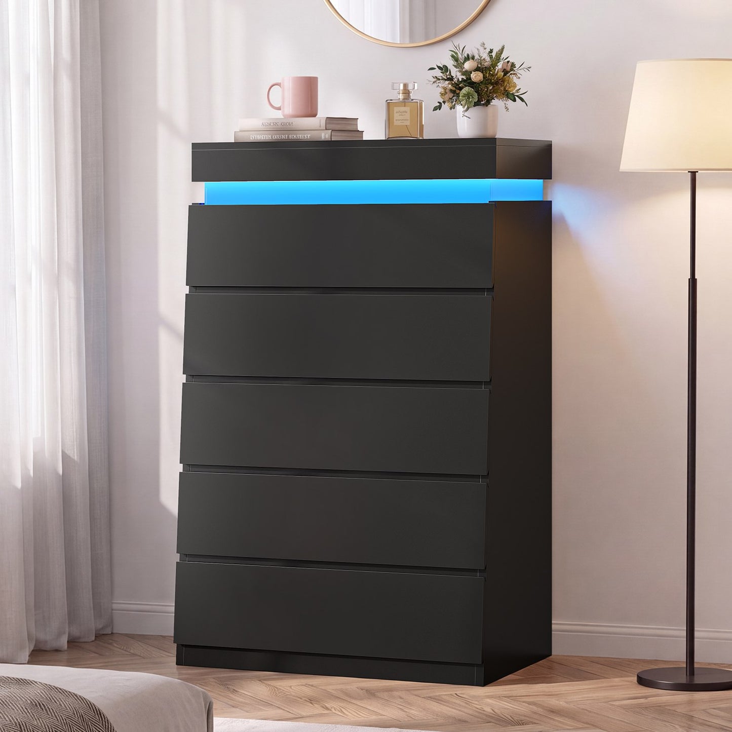 HAUOMS 45.3 Inch Tall Dresser with LED Light and 5 Drawer Modern Chest of Drawers for Bedroom Living Room Entryway