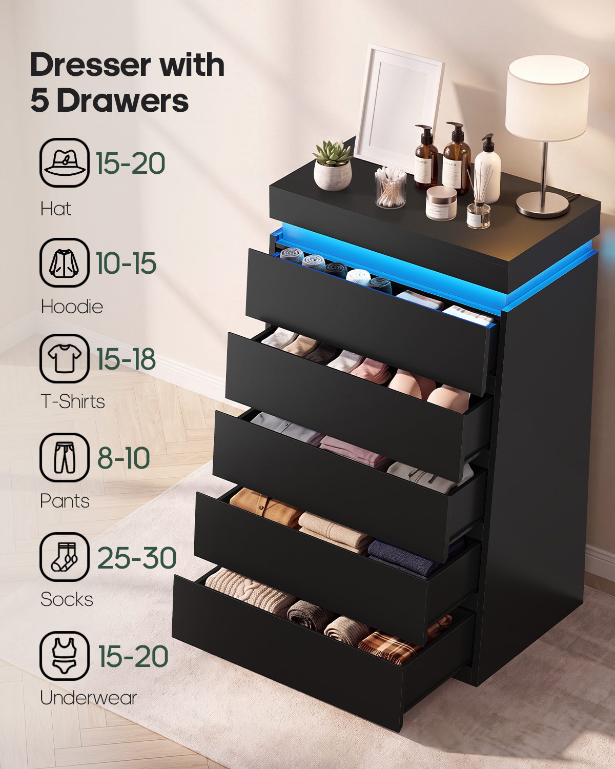 HAUOMS 45.3 Inch Tall Dresser with LED Light and 5 Drawer Modern Chest of Drawers for Bedroom Living Room Entryway