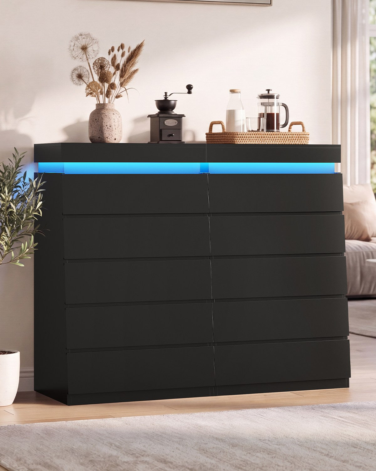 HAUOMS 45.3 Inch Tall Dresser with LED Light and 5 Drawer Modern Chest of Drawers for Bedroom Living Room Entryway
