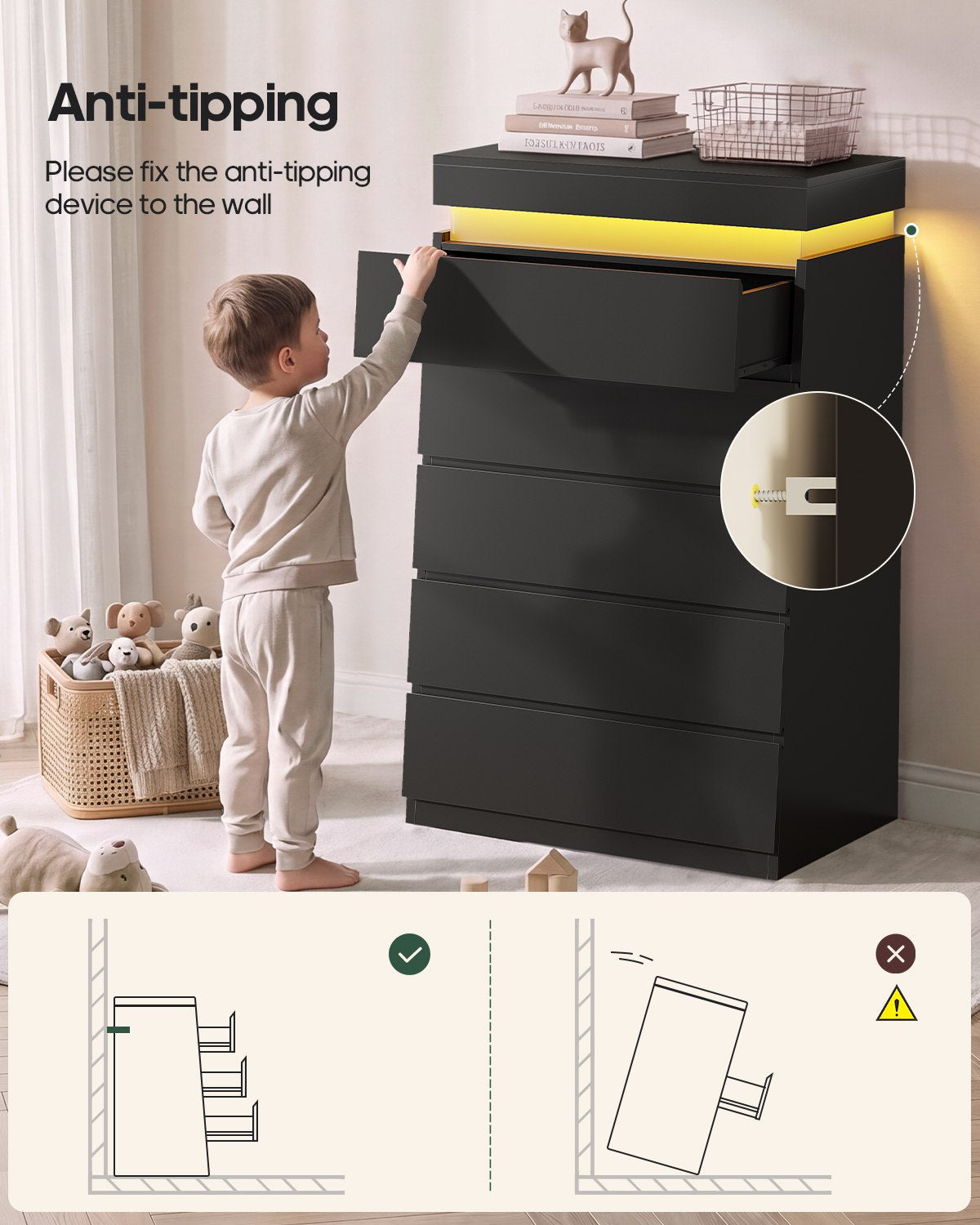 HAUOMS 45.3 Inch Tall Dresser with LED Light and 5 Drawer Modern Chest of Drawers for Bedroom Living Room Entryway