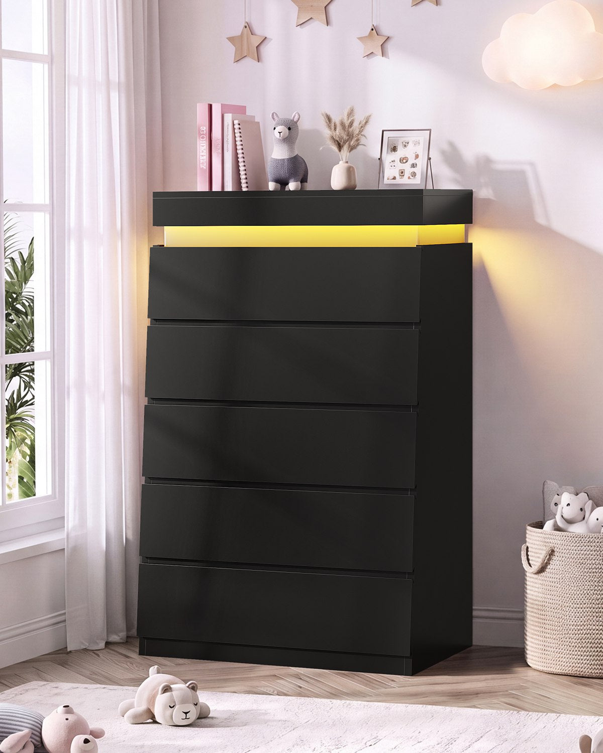 HAUOMS 45.3 Inch Tall Dresser with LED Light and 5 Drawer Modern Chest of Drawers for Bedroom Living Room Entryway
