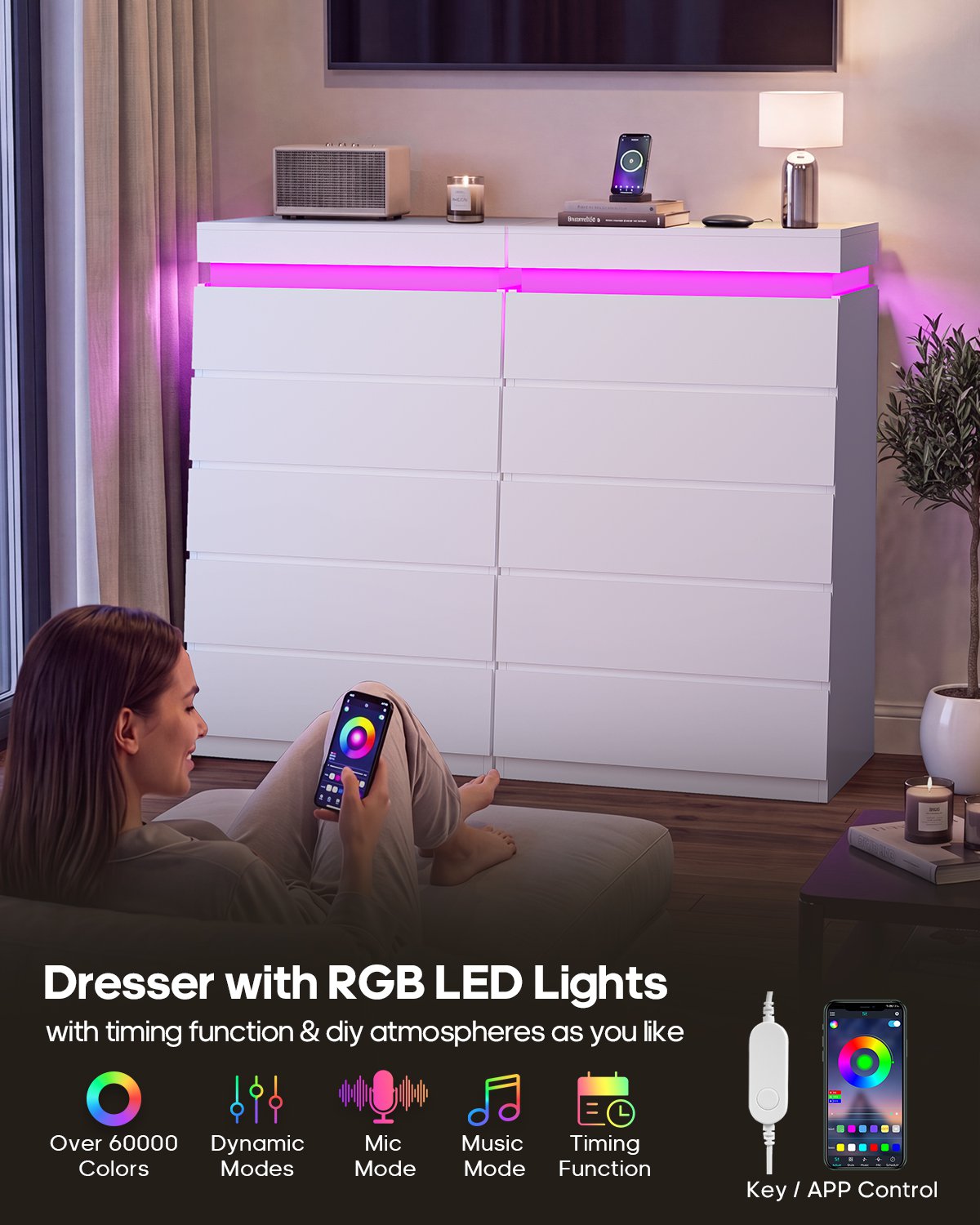HAUOMS 45.3 Inch Tall Dresser with LED Light and 5 Drawer Modern Chest of Drawers for Bedroom Living Room Entryway
