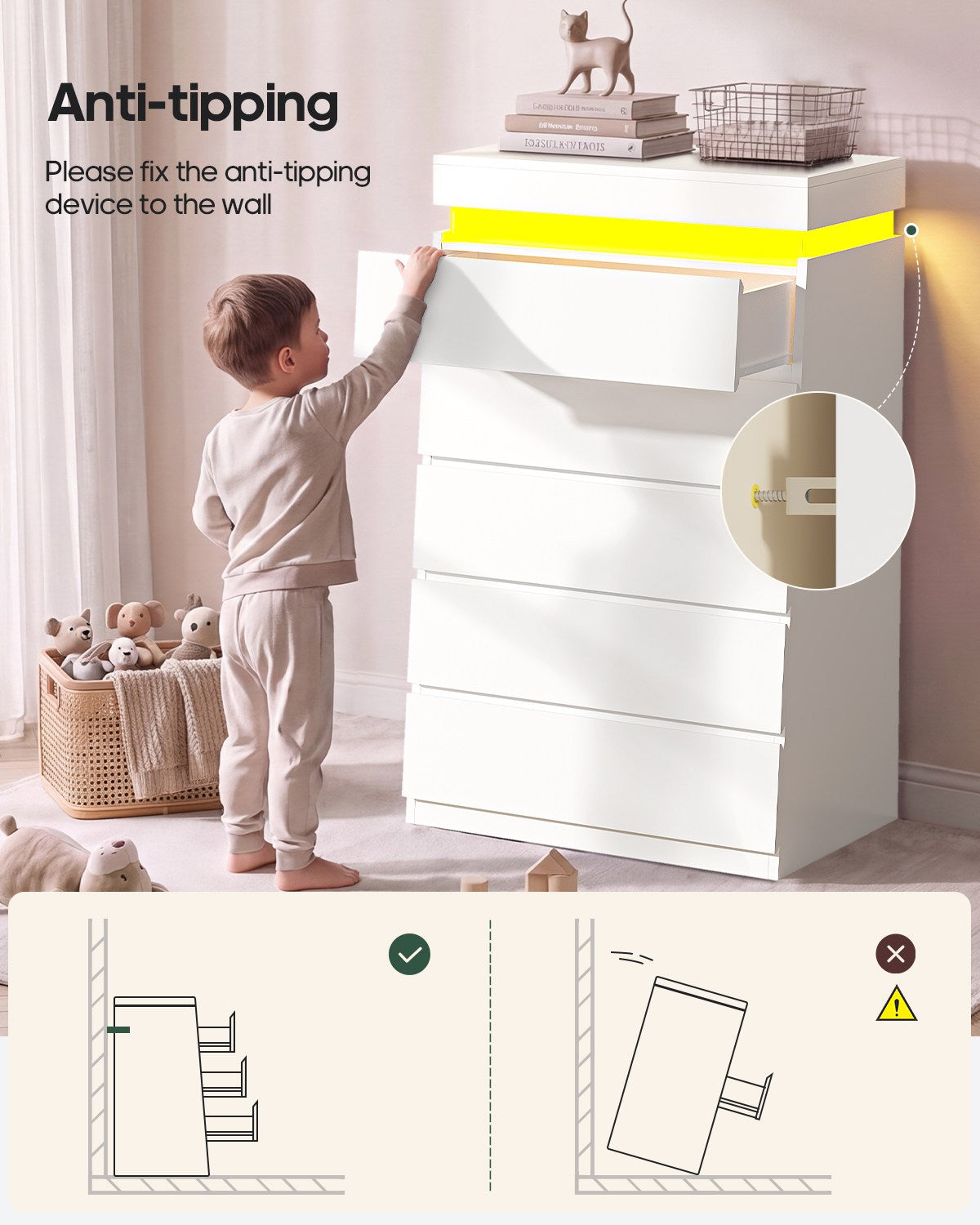 HAUOMS 45.3 Inch Tall Dresser with LED Light and 5 Drawer Modern Chest of Drawers for Bedroom Living Room Entryway