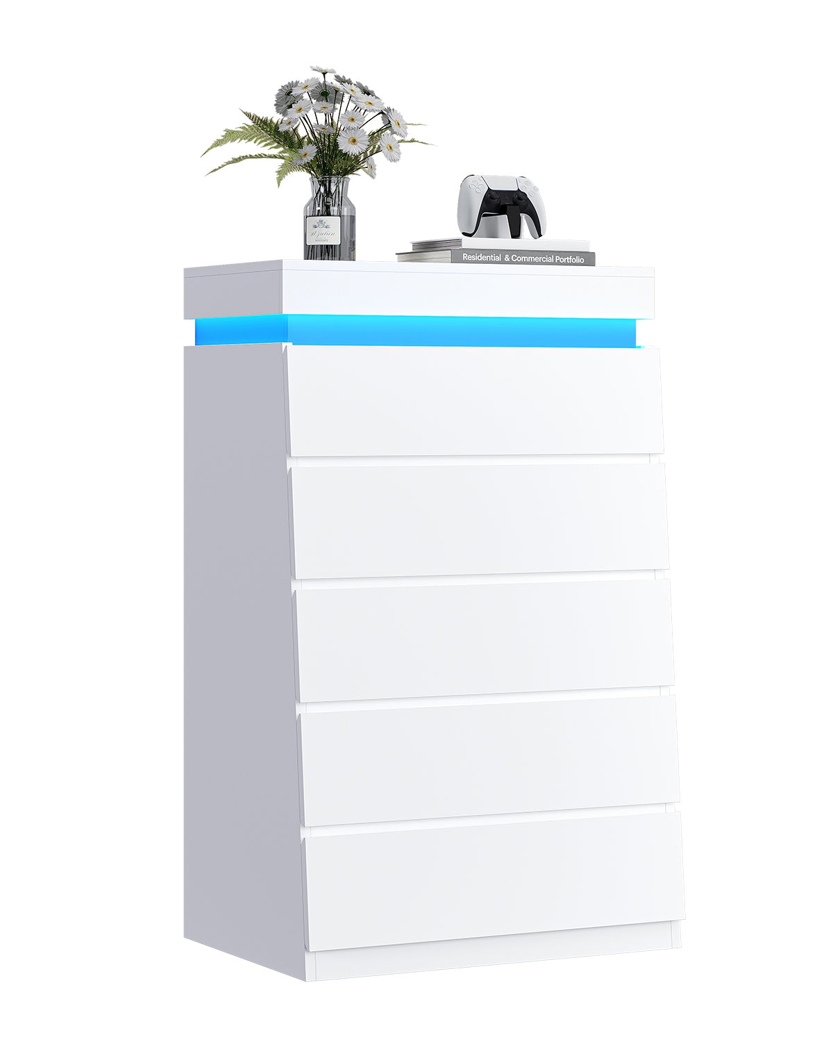 HAUOMS 45.3 Inch Tall Dresser with LED Light and 5 Drawer Modern Chest of Drawers for Bedroom Living Room Entryway