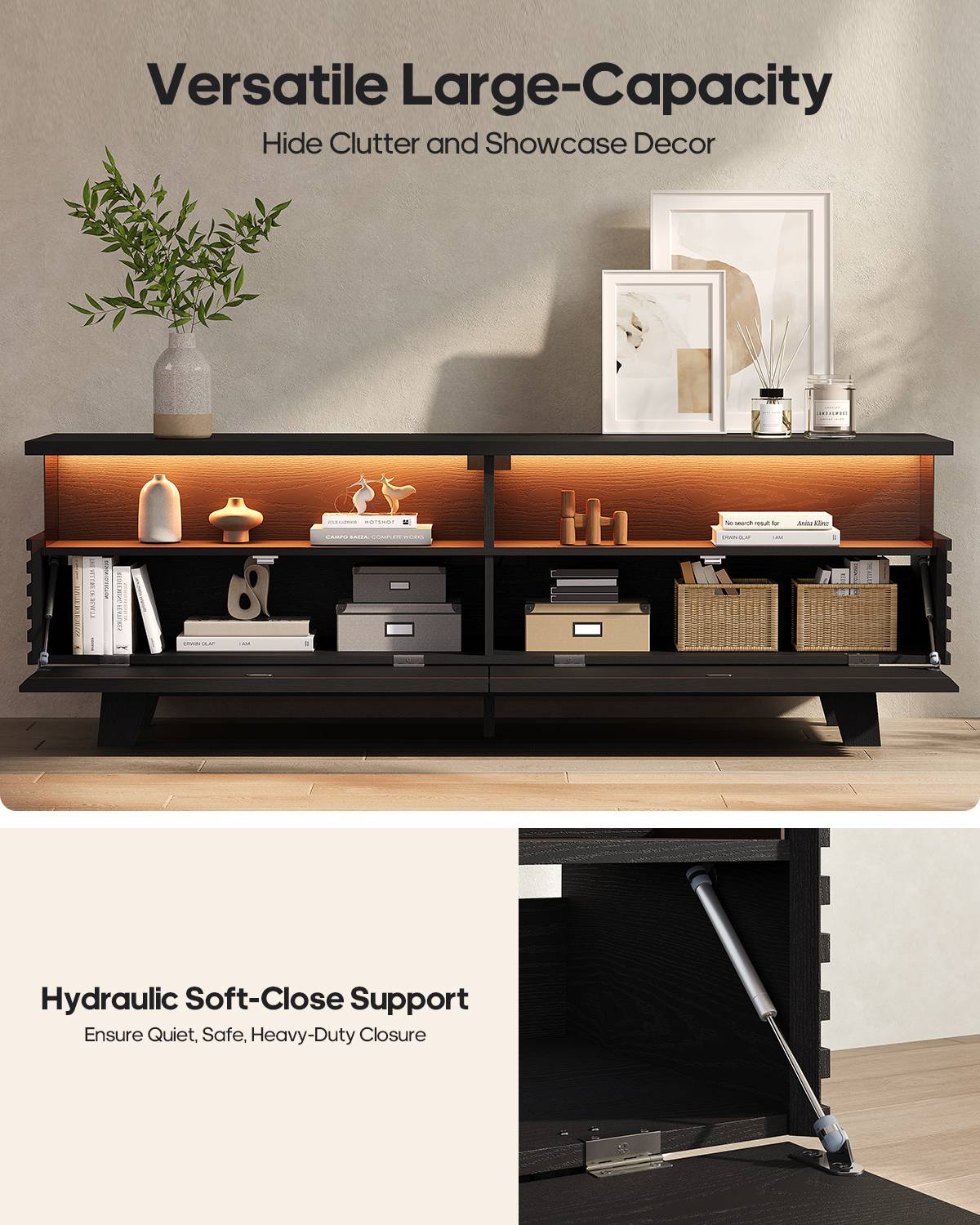 HAUOMS 59 Inch TV Stand with Cable Management and Hidden Power Station Fluted Modern TV Cabinet with Storage and LED Lights