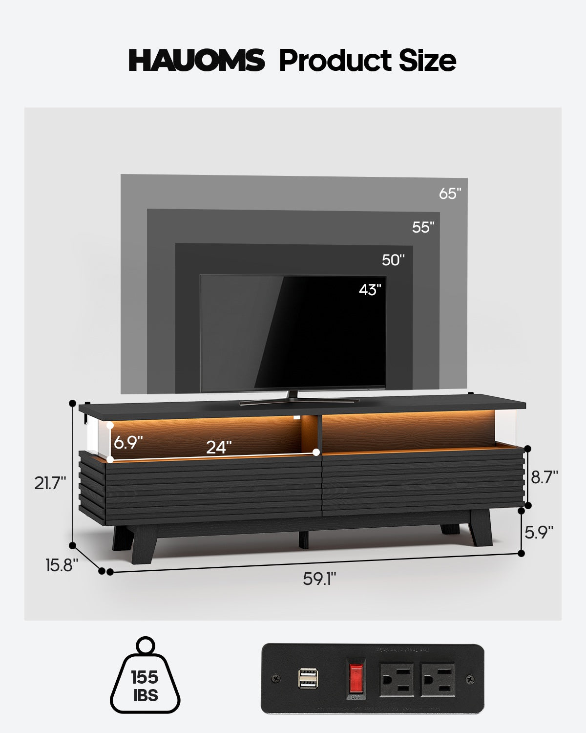 HAUOMS 59 Inch TV Stand with Cable Management and Hidden Power Station Fluted Modern TV Cabinet with Storage and LED Lights