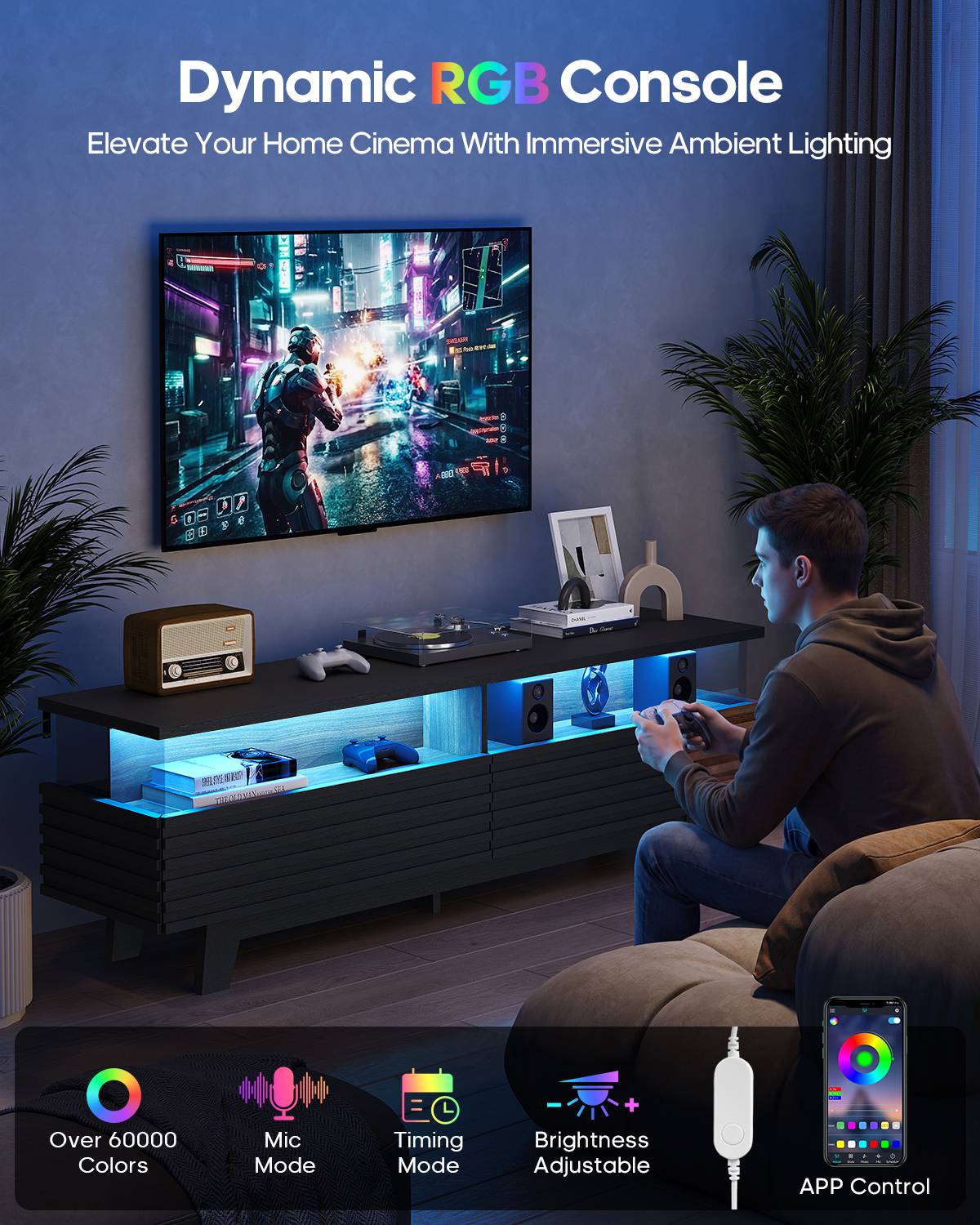 HAUOMS 59 Inch TV Stand with Cable Management and Hidden Power Station Fluted Modern TV Cabinet with Storage and LED Lights