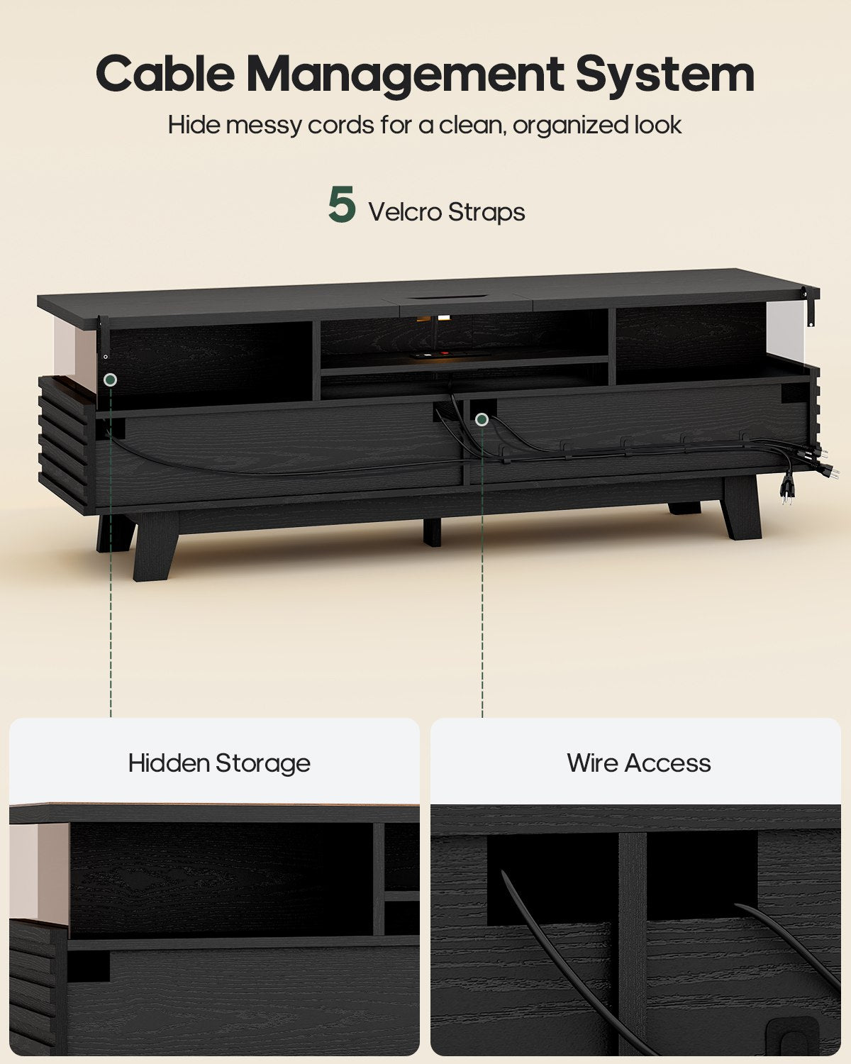 HAUOMS 59 Inch TV Stand with Cable Management and Hidden Power Station Fluted Modern TV Cabinet with Storage and LED Lights