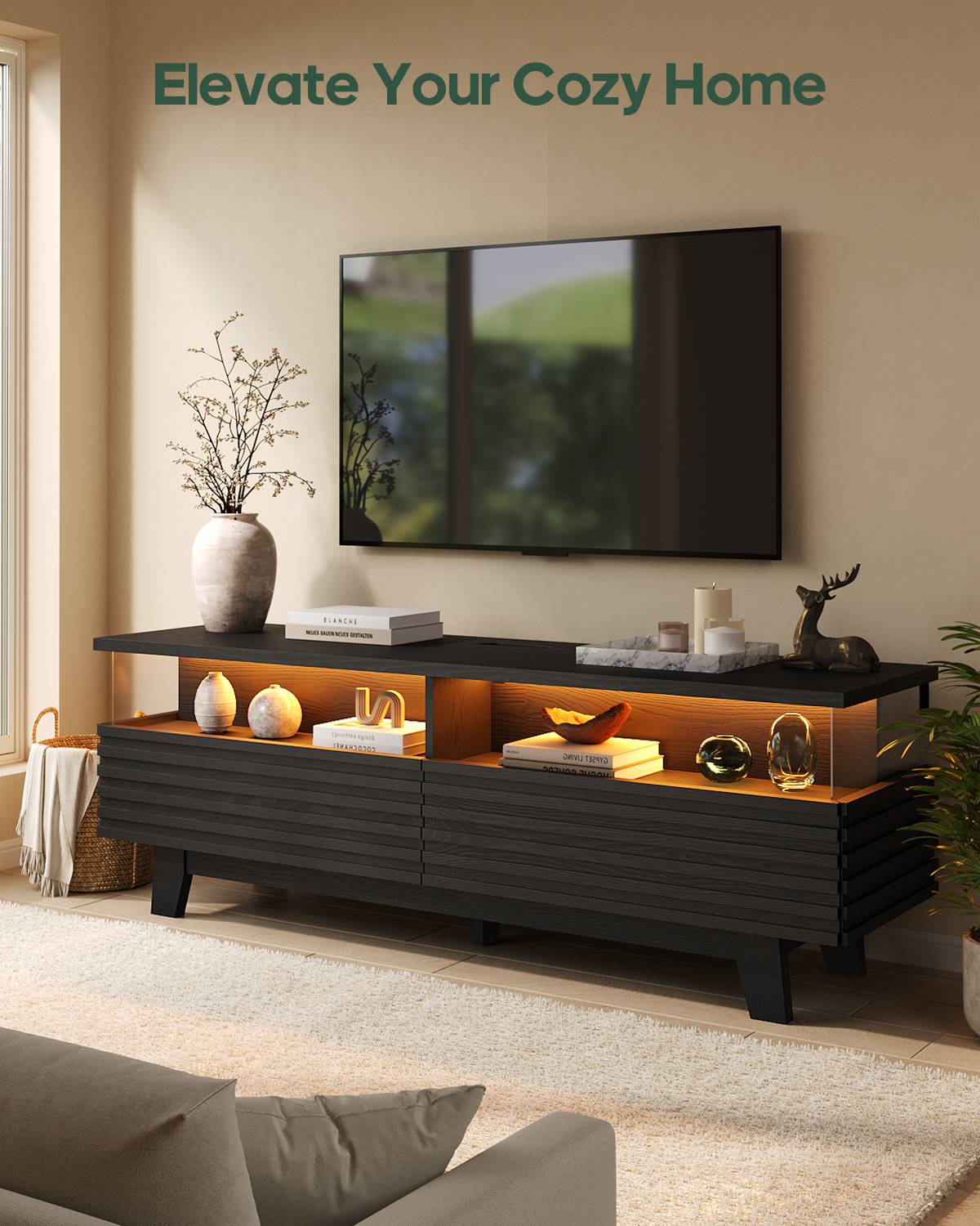 HAUOMS 59 Inch TV Stand with Cable Management and Hidden Power Station Fluted Modern TV Cabinet with Storage and LED Lights