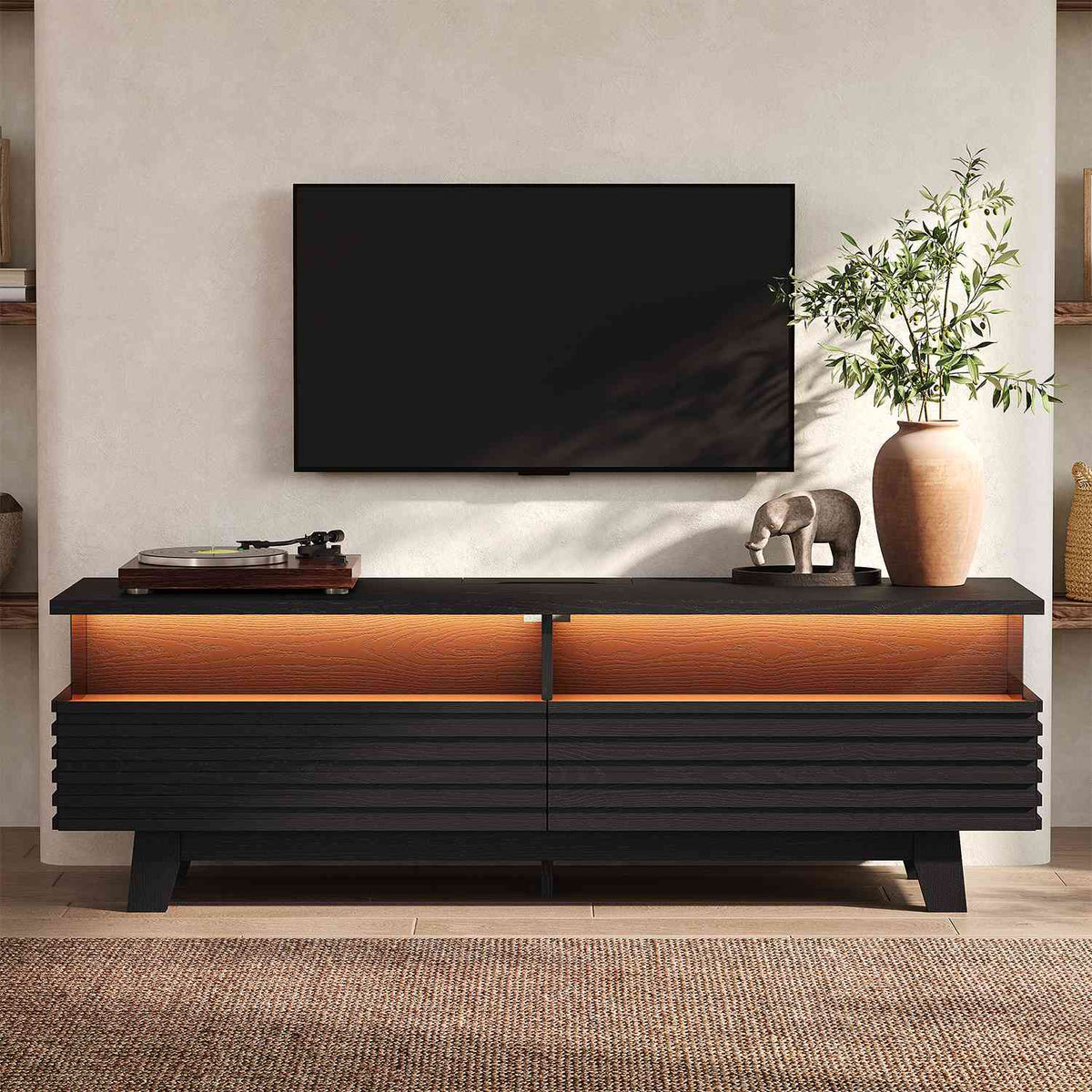 HAUOMS 59 Inch TV Stand with Cable Management and Hidden Power Station Fluted Modern TV Cabinet with Storage and LED Lights
