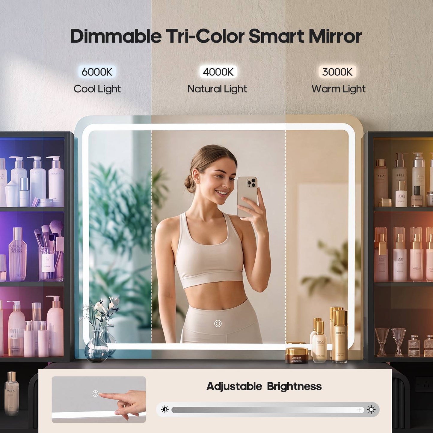 HAUOMS 59.1 Inch Vanity with RGB Sound Sync Lights and charging station Large Makeup Vanity Desk with 2 drawers and 4 glass cabinets for girl and women
