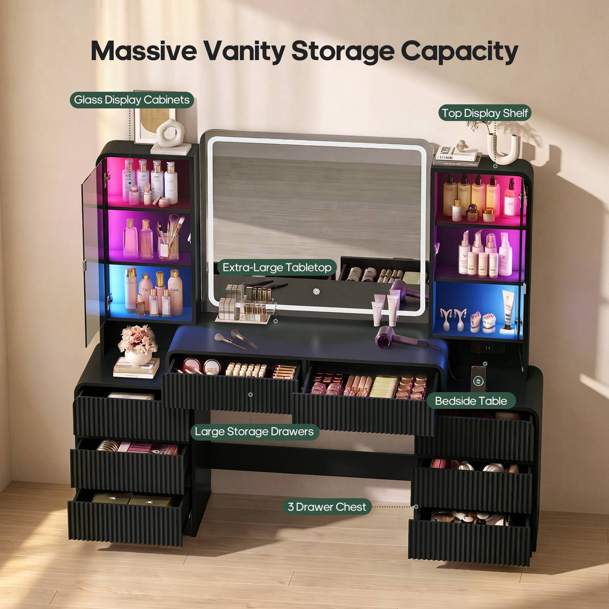 HAUOMS 59.1 Inch Vanity with RGB Sound Sync Lights and charging station Large Makeup Vanity Desk with 2 drawers and 4 glass cabinets for girl and women