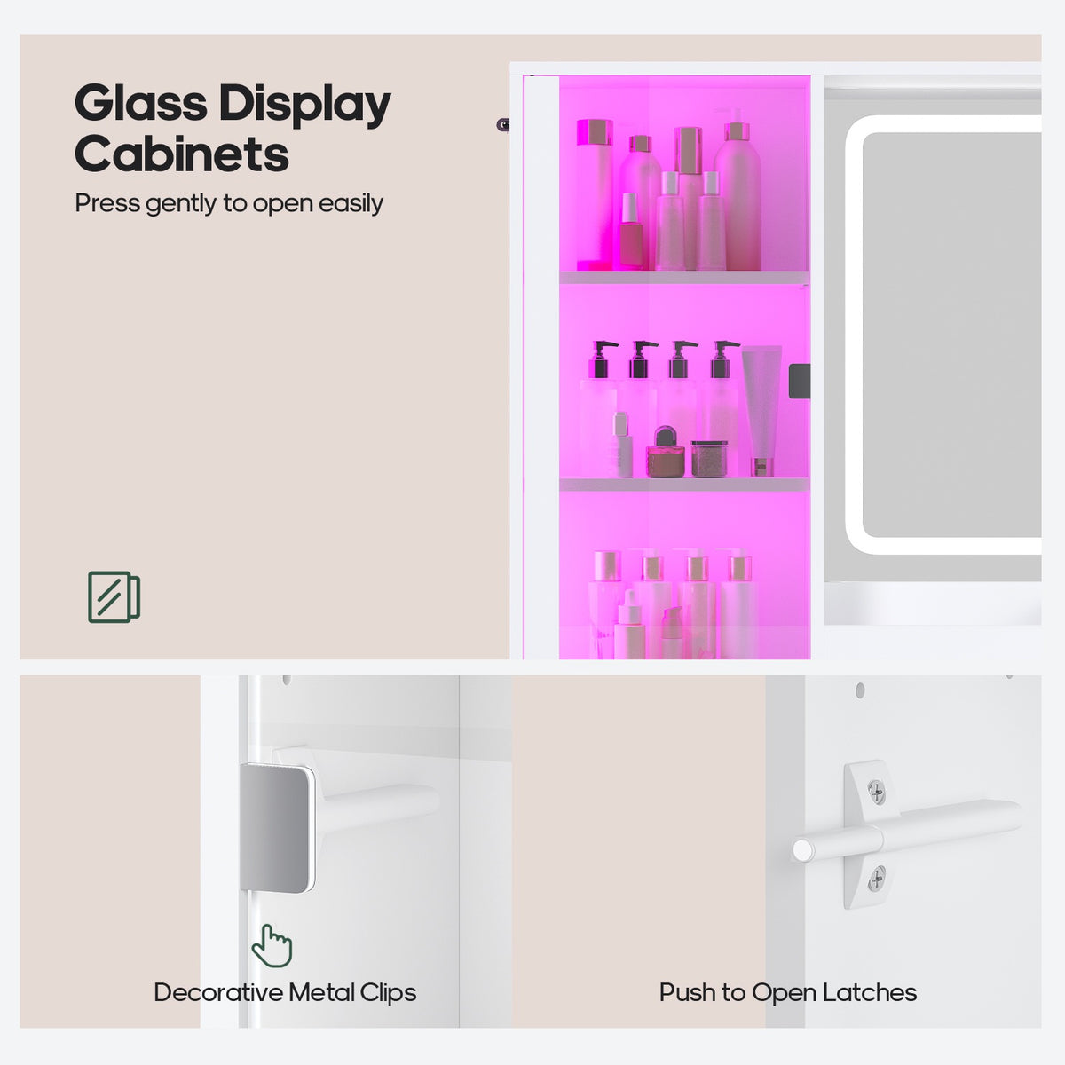 HAUOMS 59.1 Inch Vanity with RGB Sound Sync Lights and charging station Large Makeup Vanity Desk with 2 drawers and 4 glass cabinets for girl and women
