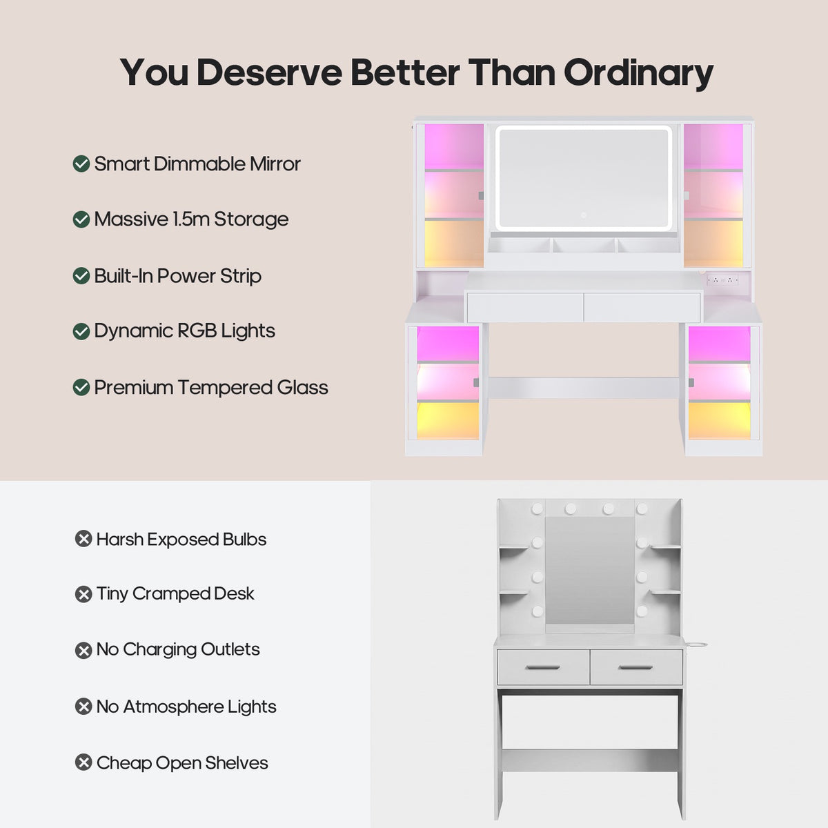 HAUOMS 59.1 Inch Vanity with RGB Sound Sync Lights and charging station Large Makeup Vanity Desk with 2 drawers and 4 glass cabinets for girl and women