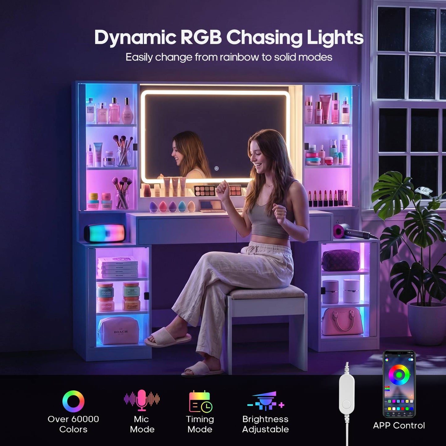 HAUOMS 59.1 Inch Vanity with RGB Sound Sync Lights and charging station Large Makeup Vanity Desk with 2 drawers and 4 glass cabinets for girl and women