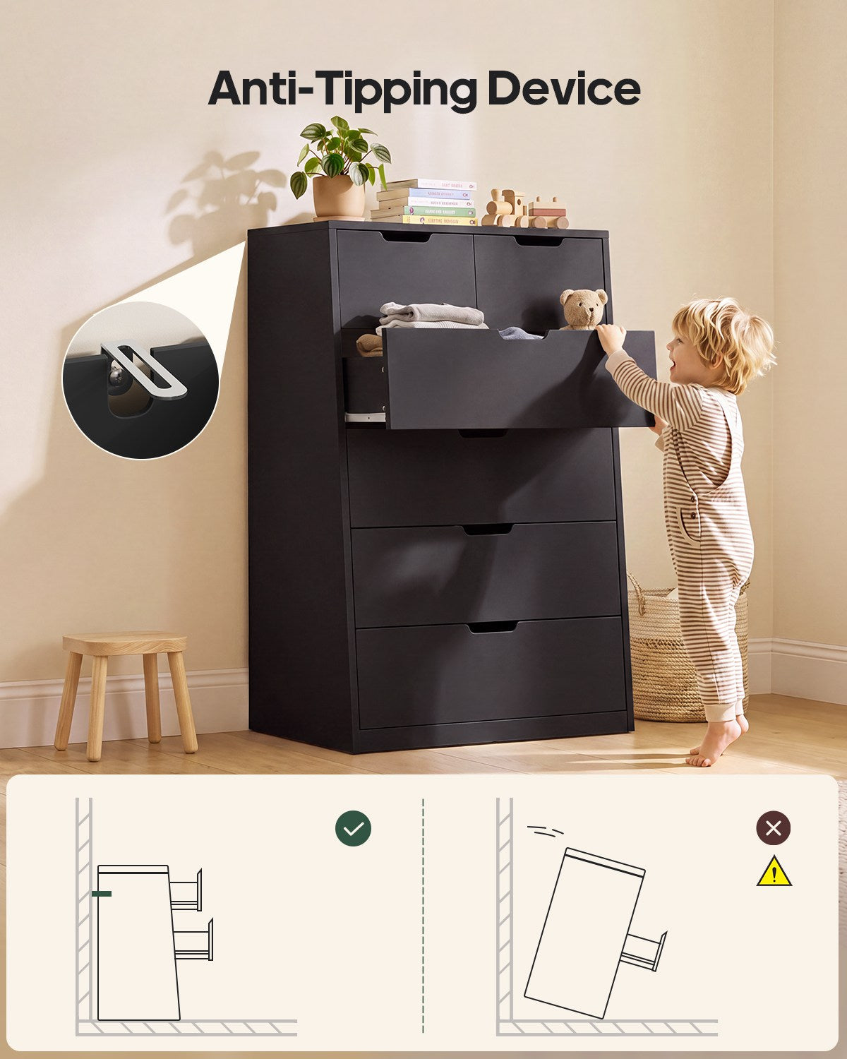 HAUOMS 43.3 Inch Tall Dresser with 6 Drawer Modern Chest for Living Room Bedroom Hallway