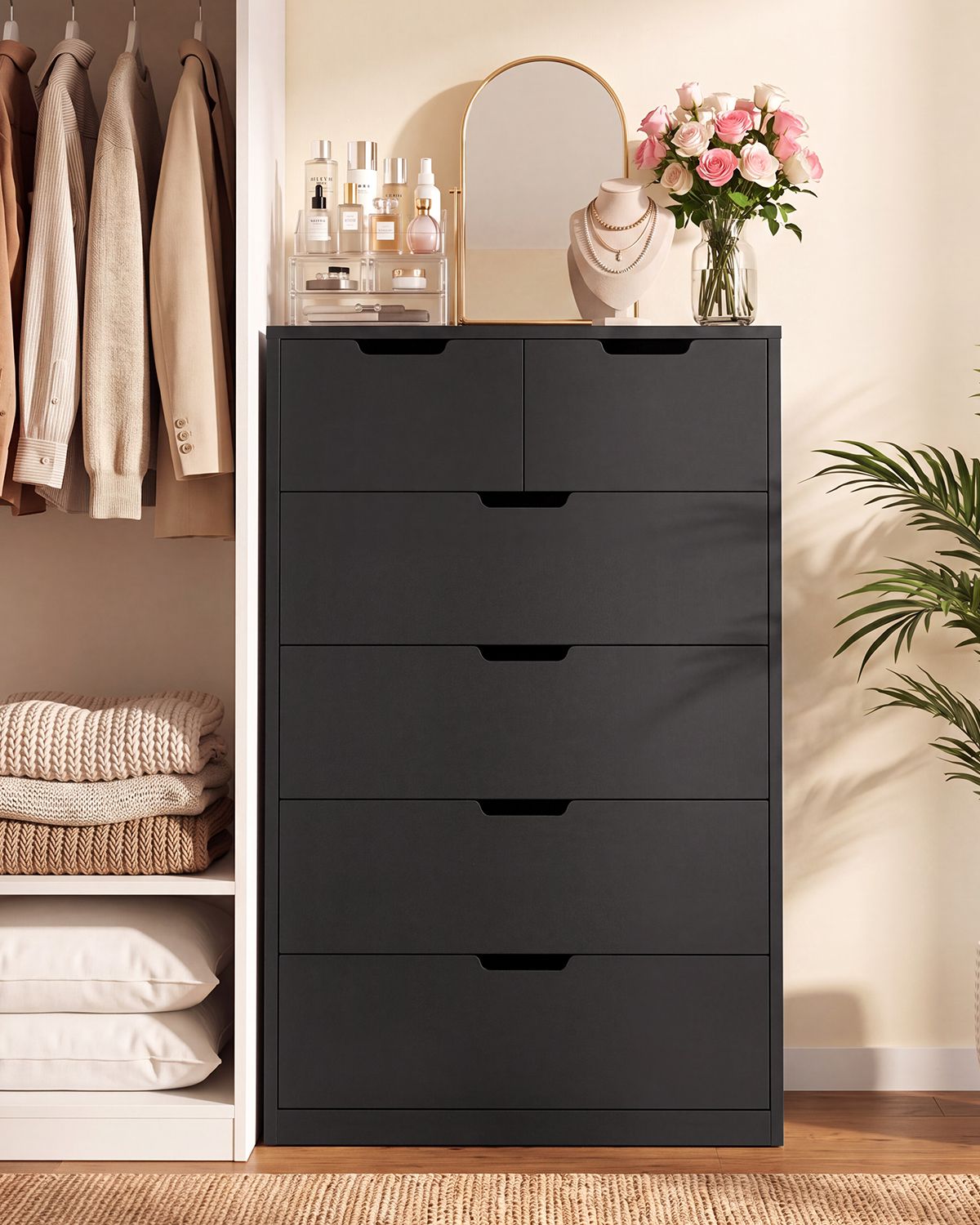 HAUOMS 43.3 Inch Tall Dresser with 6 Drawer Modern Chest for Living Room Bedroom Hallway
