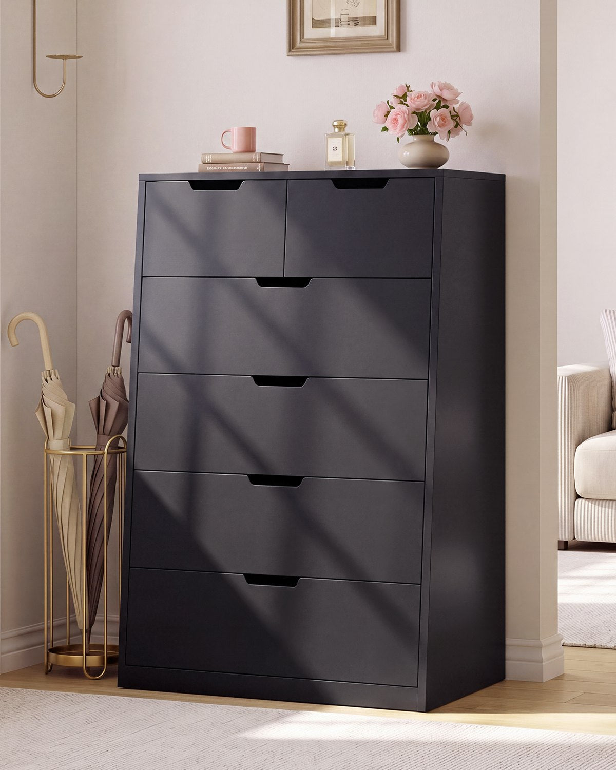 HAUOMS 43.3 Inch Tall Dresser with 6 Drawer Modern Chest for Living Room Bedroom Hallway