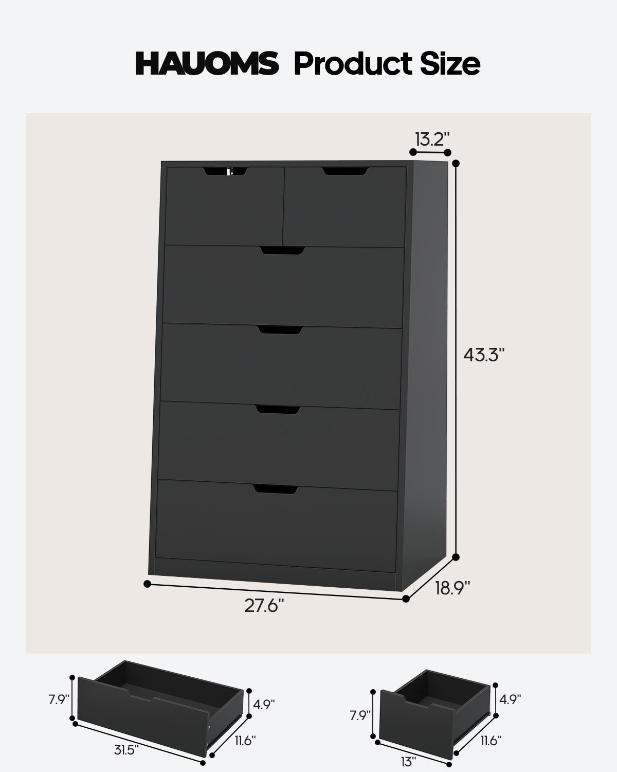 HAUOMS 43.3 Inch Tall Dresser with 6 Drawer Modern Chest for Living Room Bedroom Hallway