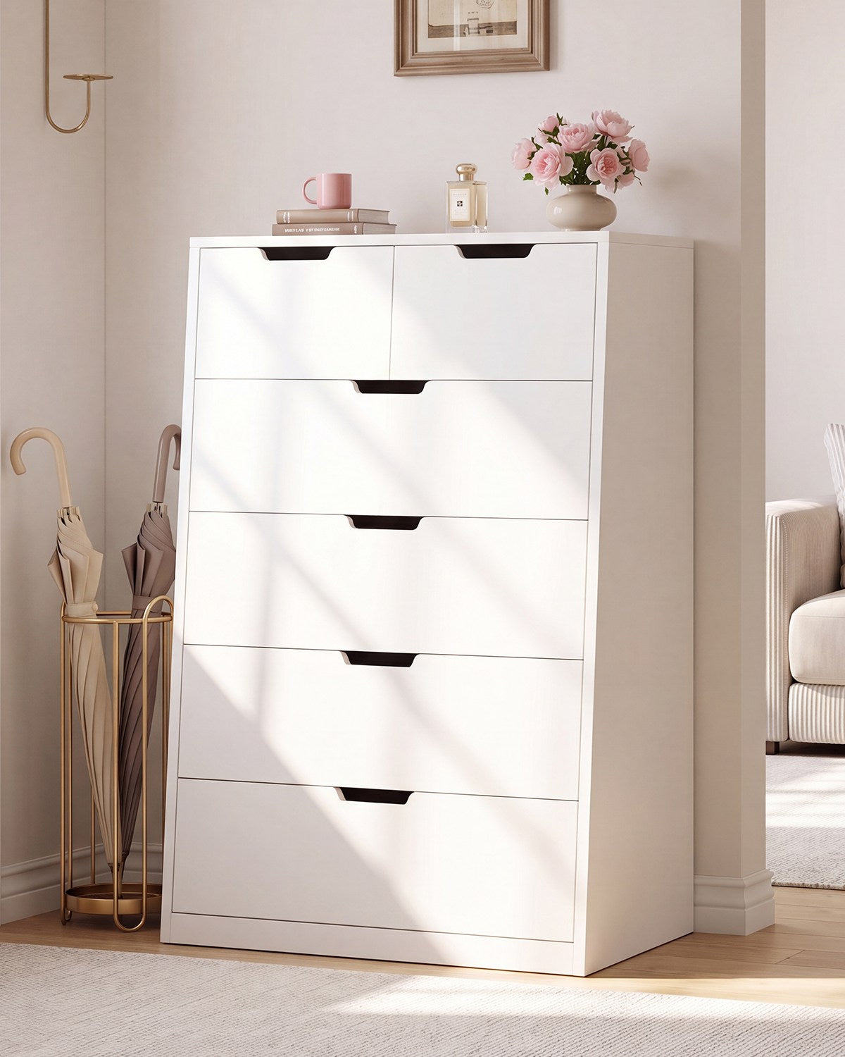 HAUOMS 43.3 Inch Tall Dresser with 6 Drawer Modern Chest for Living Room Bedroom Hallway