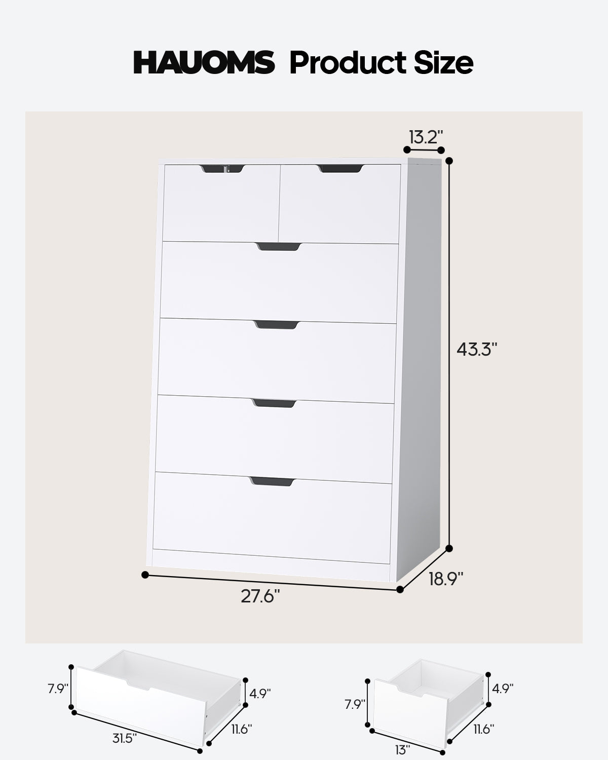 HAUOMS 43.3 Inch Tall Dresser with 6 Drawer Modern Chest for Living Room Bedroom Hallway