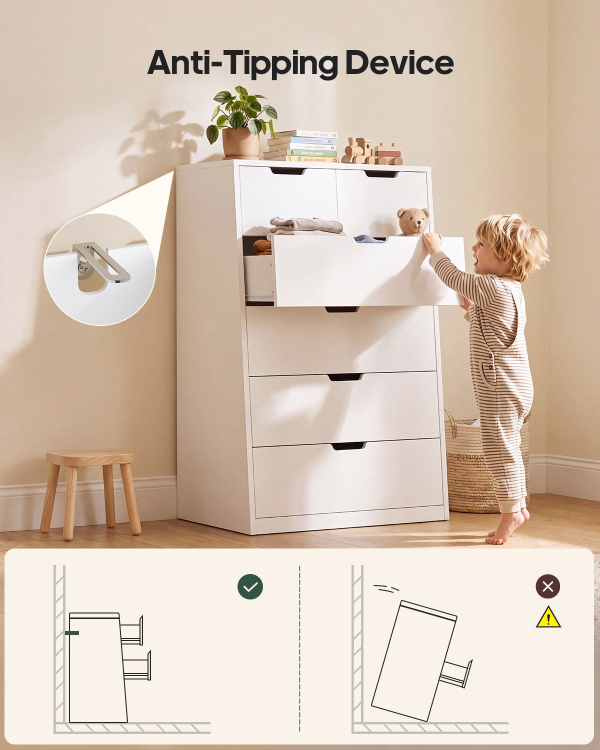 HAUOMS 43.3 Inch Tall Dresser with 6 Drawer Modern Chest for Living Room Bedroom Hallway