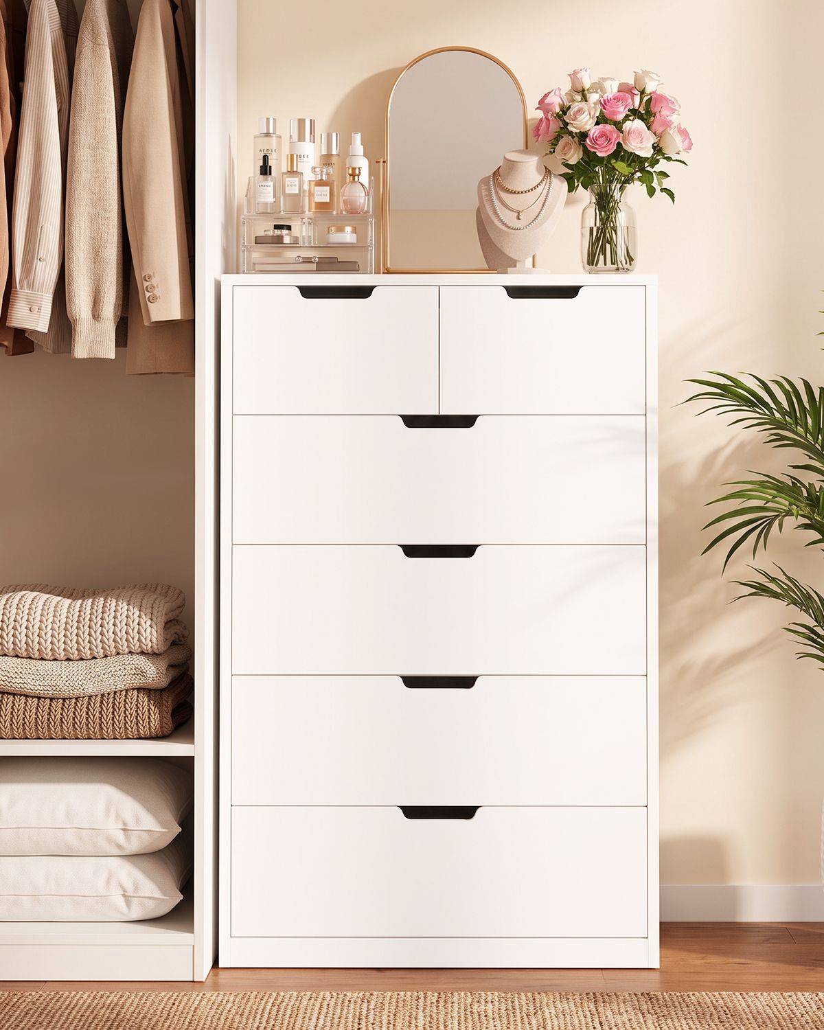 HAUOMS 43.3 Inch Tall Dresser with 6 Drawer Modern Chest for Living Room Bedroom Hallway