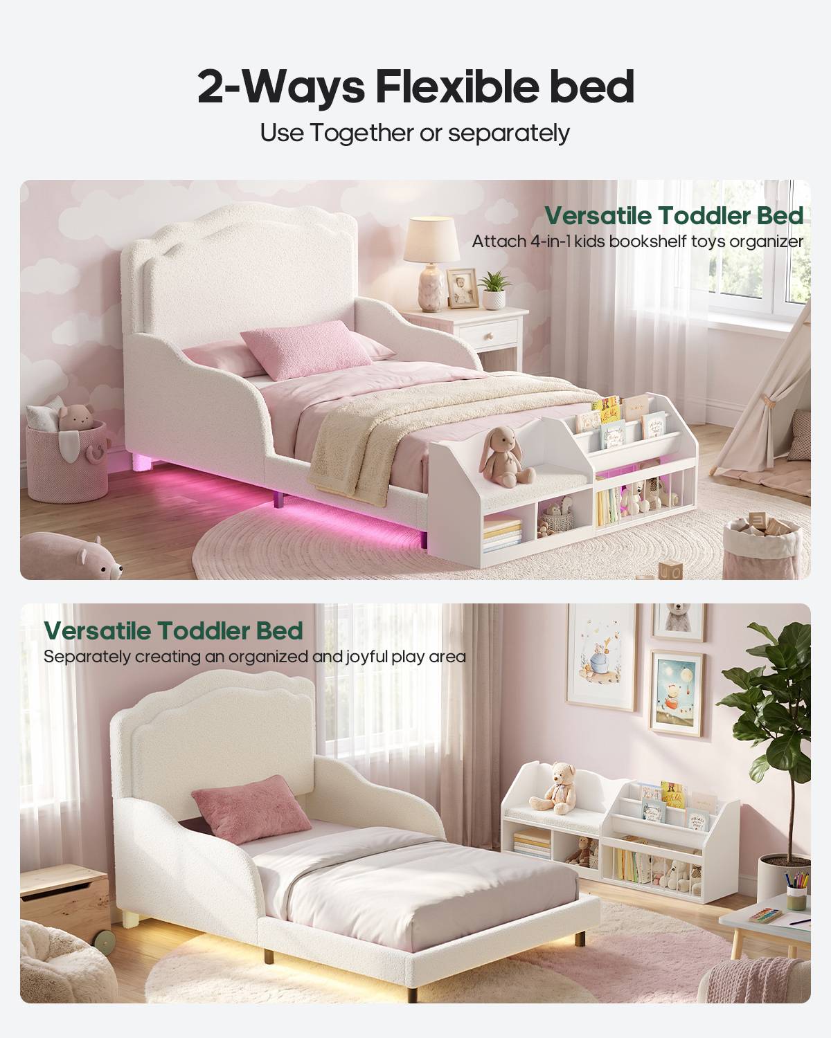 HAUOMS Twin Toddler Bed with Bookcase and RGB LED Lights 2‑Ways Montessori Toddler Bed 4‑in‑1 Bookshelf Toy Organizer with Reading Nook Cushion and 360 Safety Guardrails