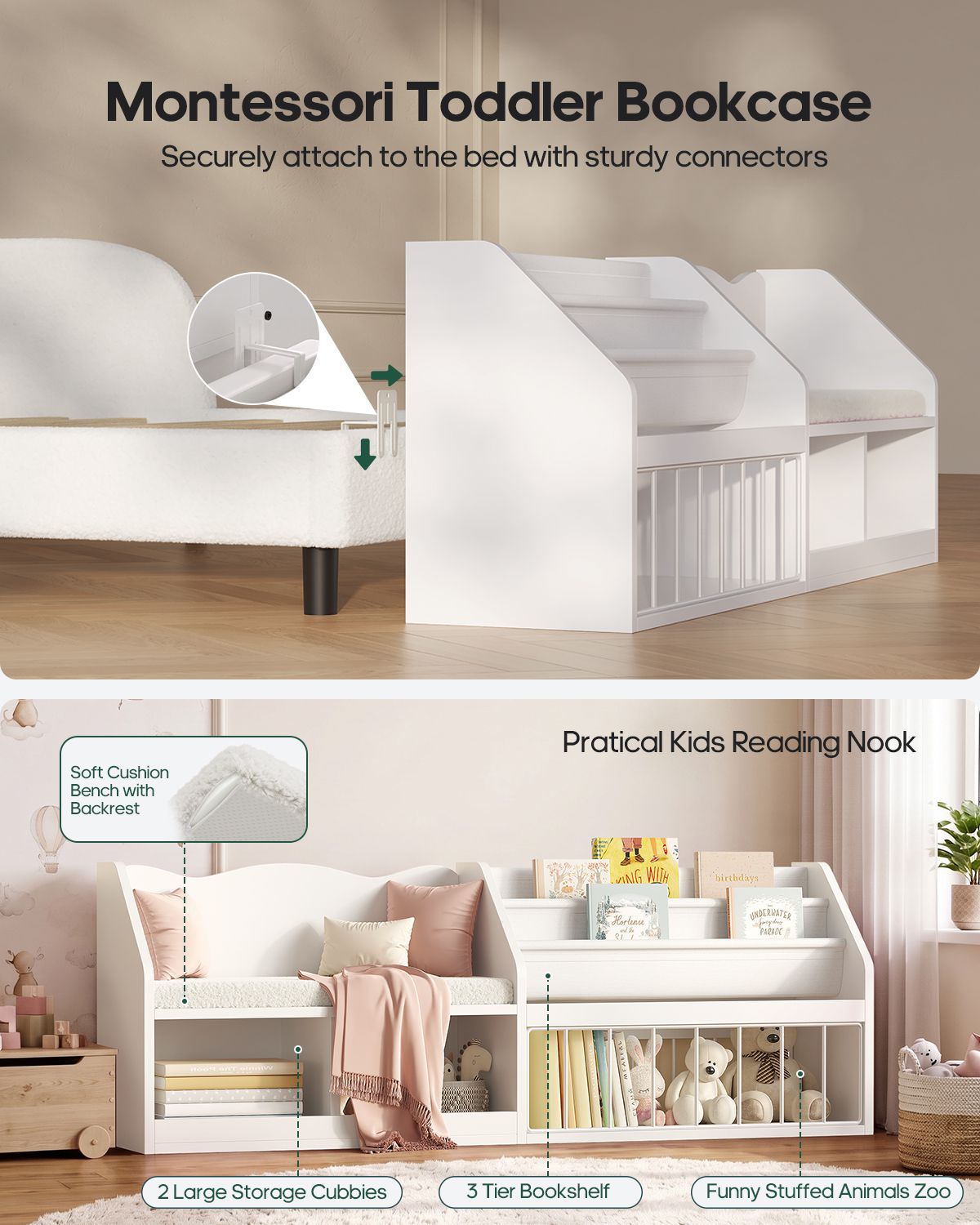 HAUOMS Twin Toddler Bed with Bookcase and RGB LED Lights 2‑Ways Montessori Toddler Bed 4‑in‑1 Bookshelf Toy Organizer with Reading Nook Cushion and 360 Safety Guardrails