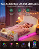 HAUOMS Twin Toddler Bed with Bookcase and RGB LED Lights 2‑Ways Montessori Toddler Bed 4‑in‑1 Bookshelf Toy Organizer with Reading Nook Cushion and 360 Safety Guardrails
