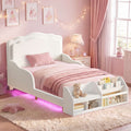 HAUOMS Twin Toddler Bed with Bookcase and RGB LED Lights 2‑Ways Montessori Toddler Bed 4‑in‑1 Bookshelf Toy Organizer with Reading Nook Cushion and 360 Safety Guardrails