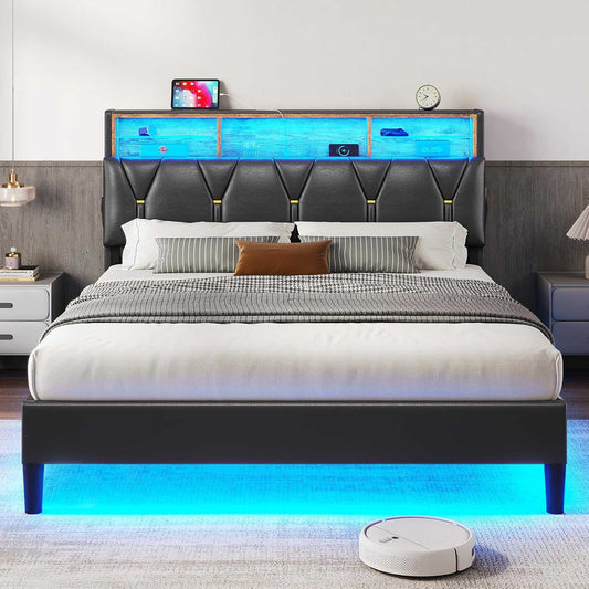 HAUOMS Queen Size Bed Frame with Storage Headboard and RGB LED Lights Platform BedFrame with Type-C and USB Charging Station