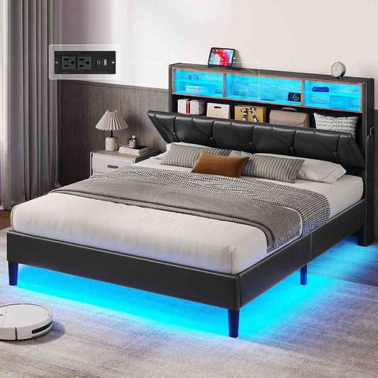 HAUOMS Queen Size Bed Frame with Storage Headboard and RGB LED Lights Platform BedFrame with Type-C and USB Charging Station