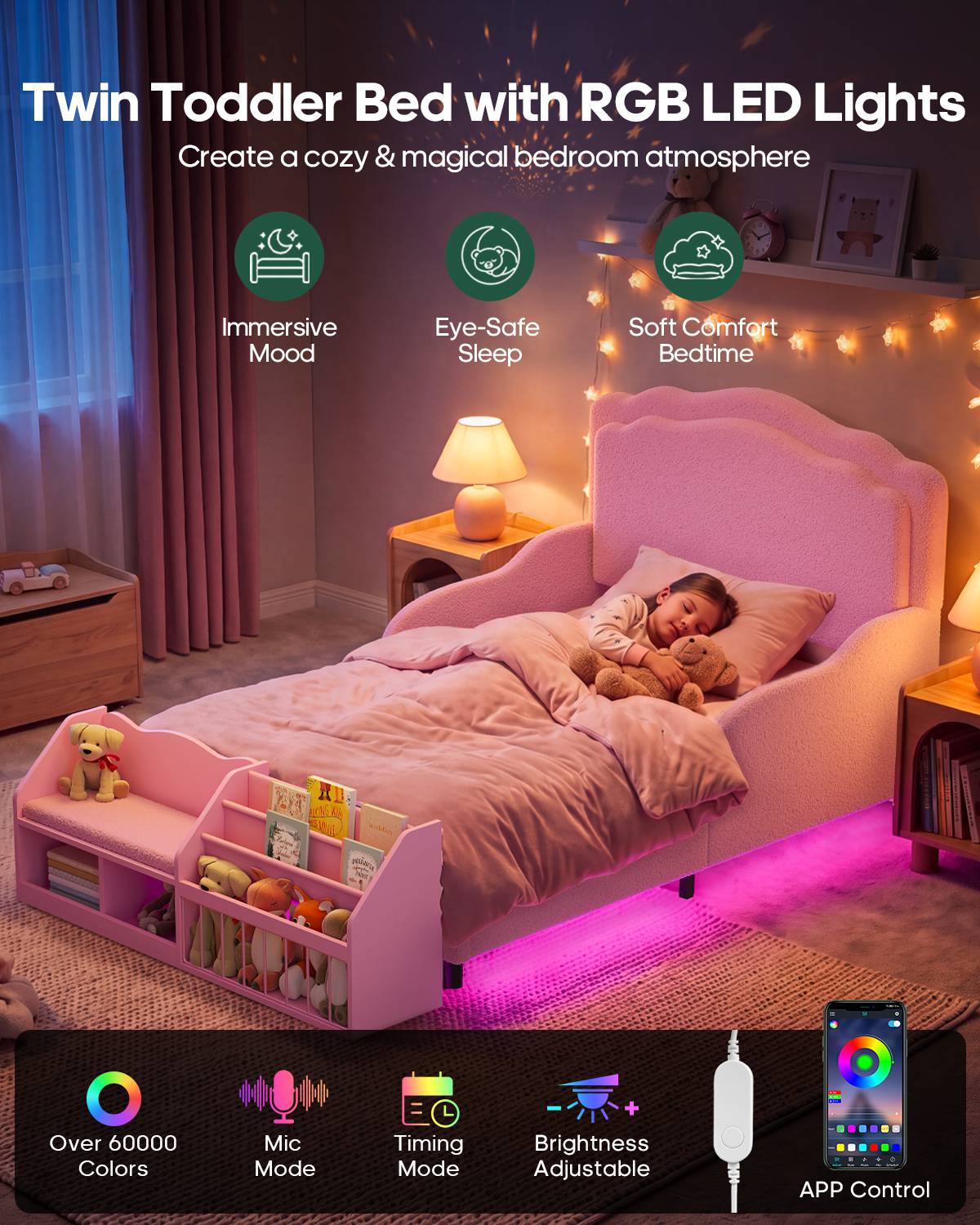 HAUOMS Twin Toddler Bed with Bookcase and RGB LED Lights 2‑Ways Montessori Toddler Bed 4‑in‑1 Bookshelf Toy Organizer with Reading Nook Cushion and 360 Safety Guardrails