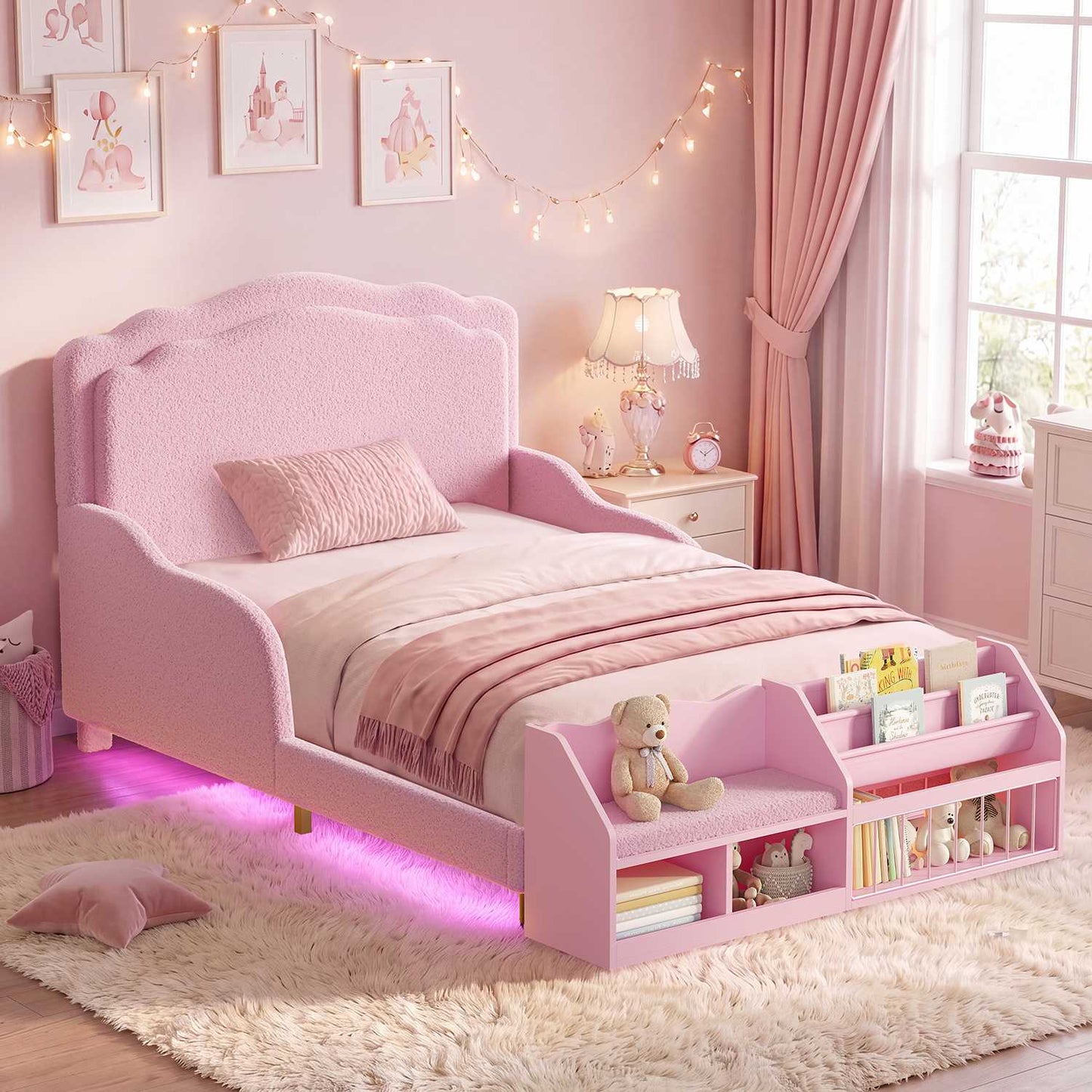 HAUOMS Twin Toddler Bed with Bookcase and RGB LED Lights 2‑Ways Montessori Toddler Bed 4‑in‑1 Bookshelf Toy Organizer with Reading Nook Cushion and 360 Safety Guardrails