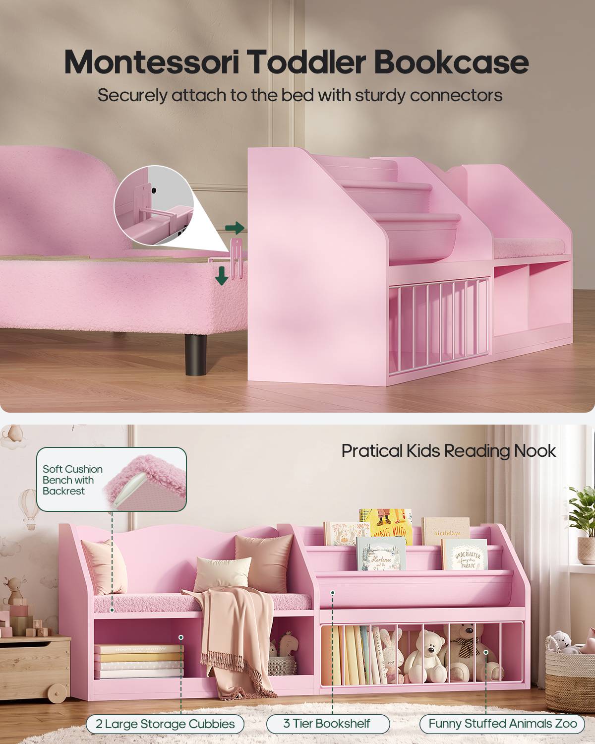 HAUOMS Twin Toddler Bed with Bookcase and RGB LED Lights 2‑Ways Montessori Toddler Bed 4‑in‑1 Bookshelf Toy Organizer with Reading Nook Cushion and 360 Safety Guardrails