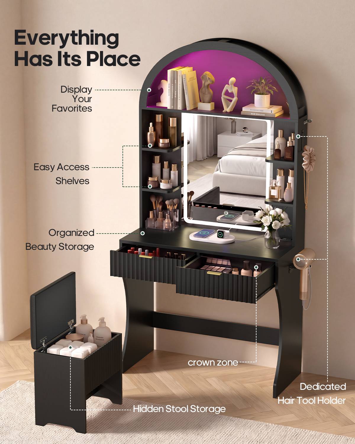 HAUOMS 31.5 inch Vanity with LED Mirror and 2 Drawers Arched Fluted Vanity Desk with Storage Stool and Arch Display Shelf and 6 Open Shelves