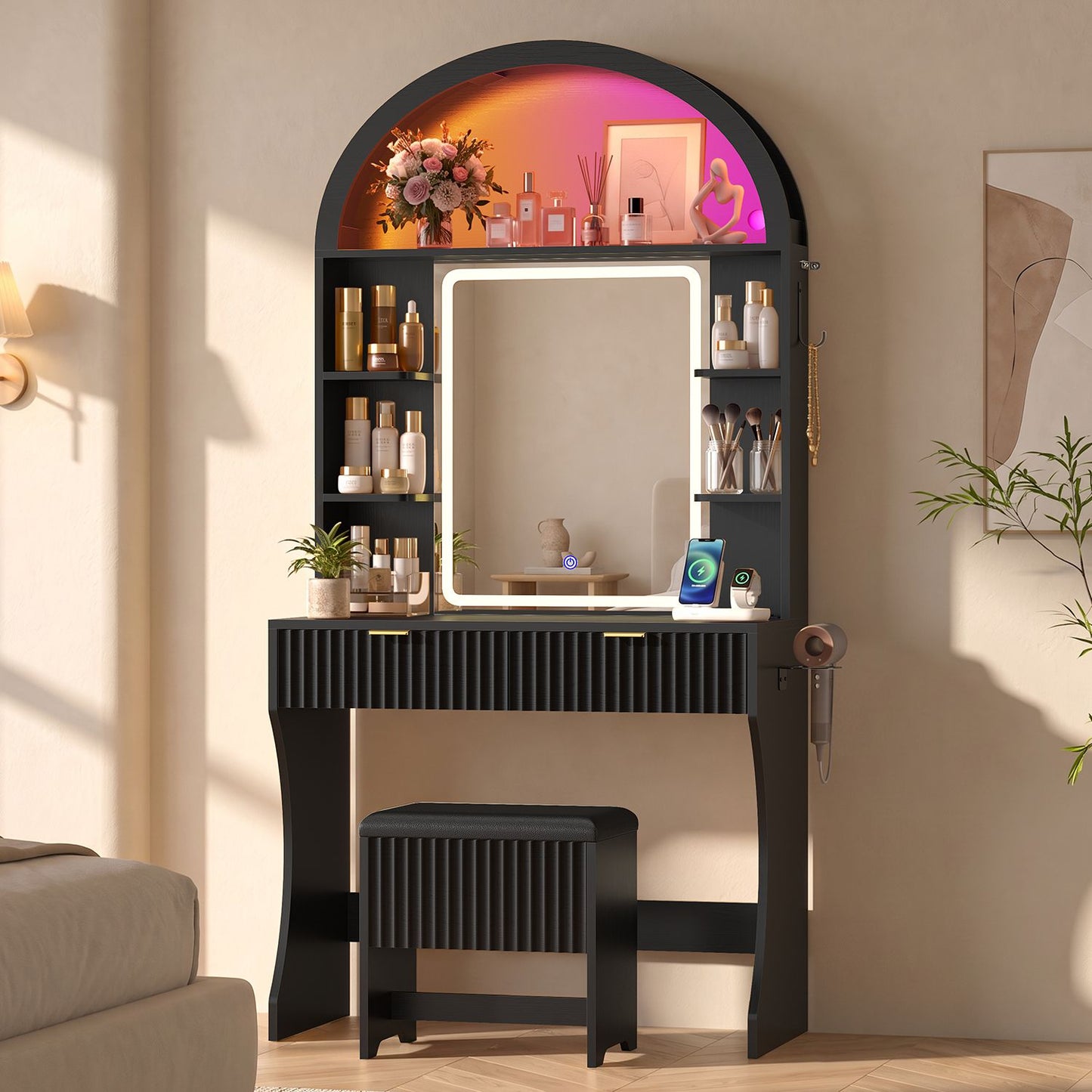 HAUOMS 31.5 inch Vanity with LED Mirror and 2 Drawers Arched Fluted Vanity Desk with Storage Stool and Arch Display Shelf and 6 Open Shelves